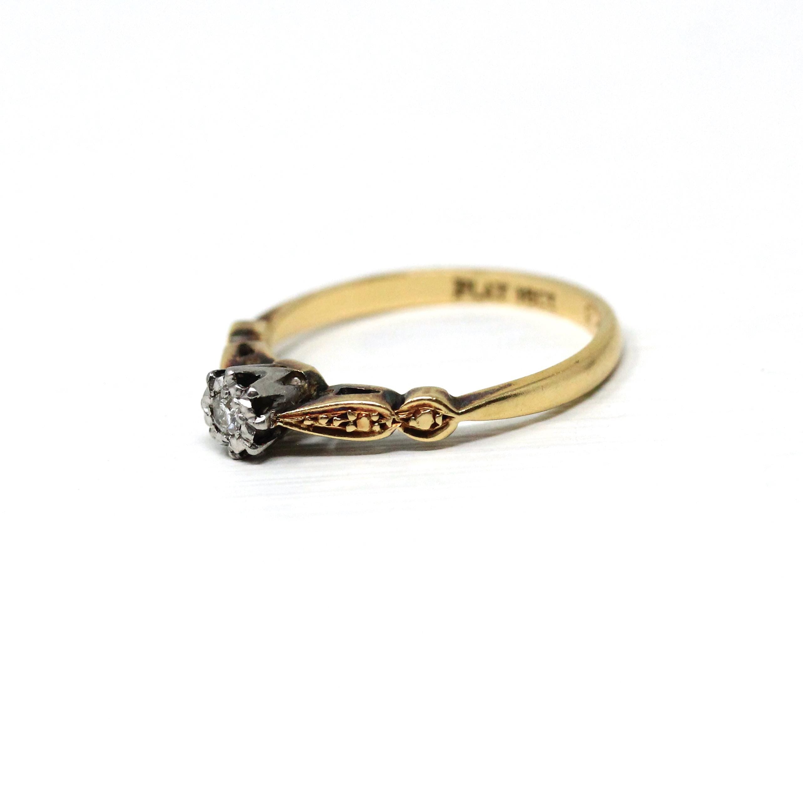 Star Diamond Ring - Retro Era English 18k Yellow Gold & Platinum Natural .03 CT Engagement Ring - Circa 1970s Size 5 3/4 Fine Bridal Jewelry