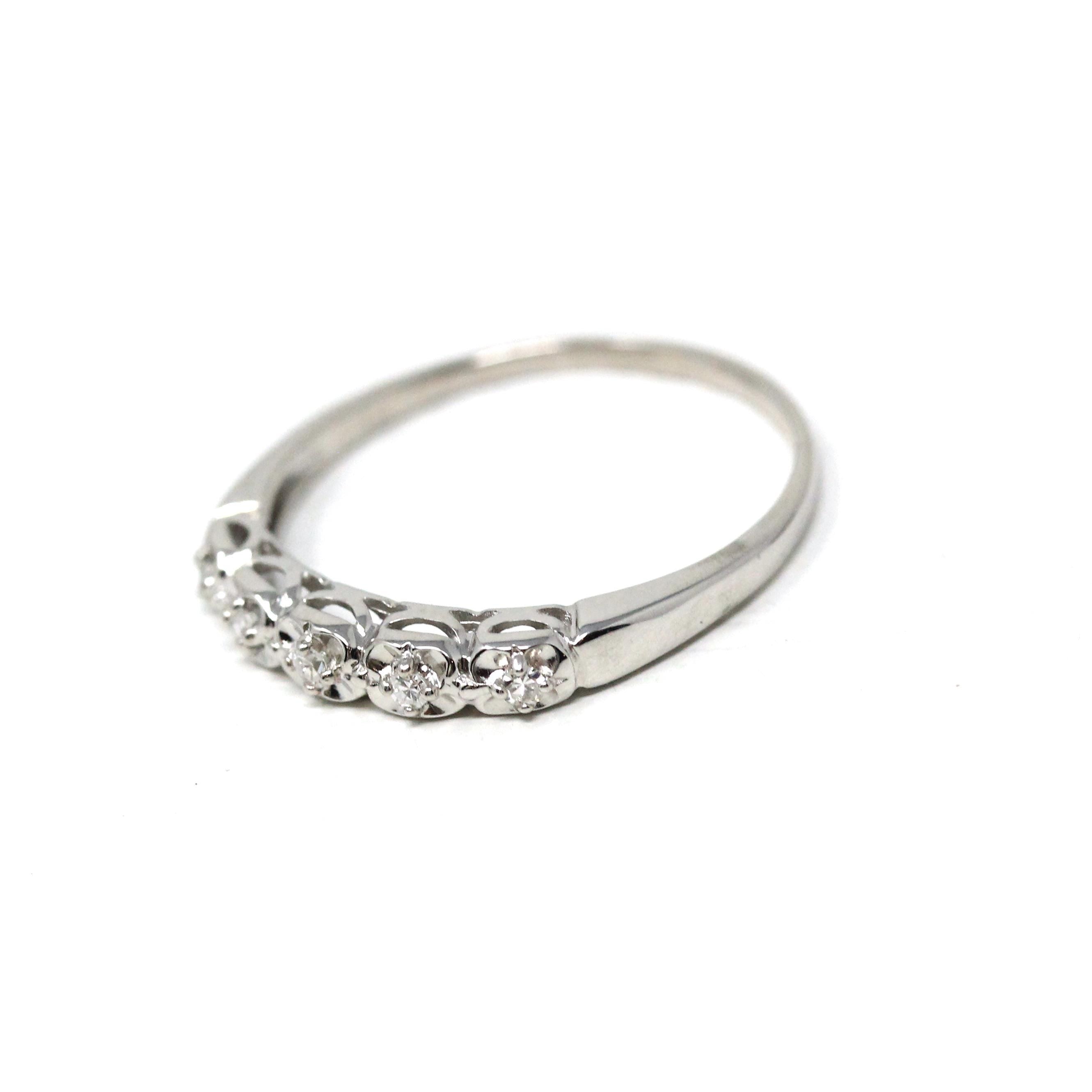 Diamond Wedding Band - Vintage 14k White Gold Bridal Natural Gemstones Ring - Mid Century 1950s Era Size 7 3/4 Stacking Fine 50s Jewelry