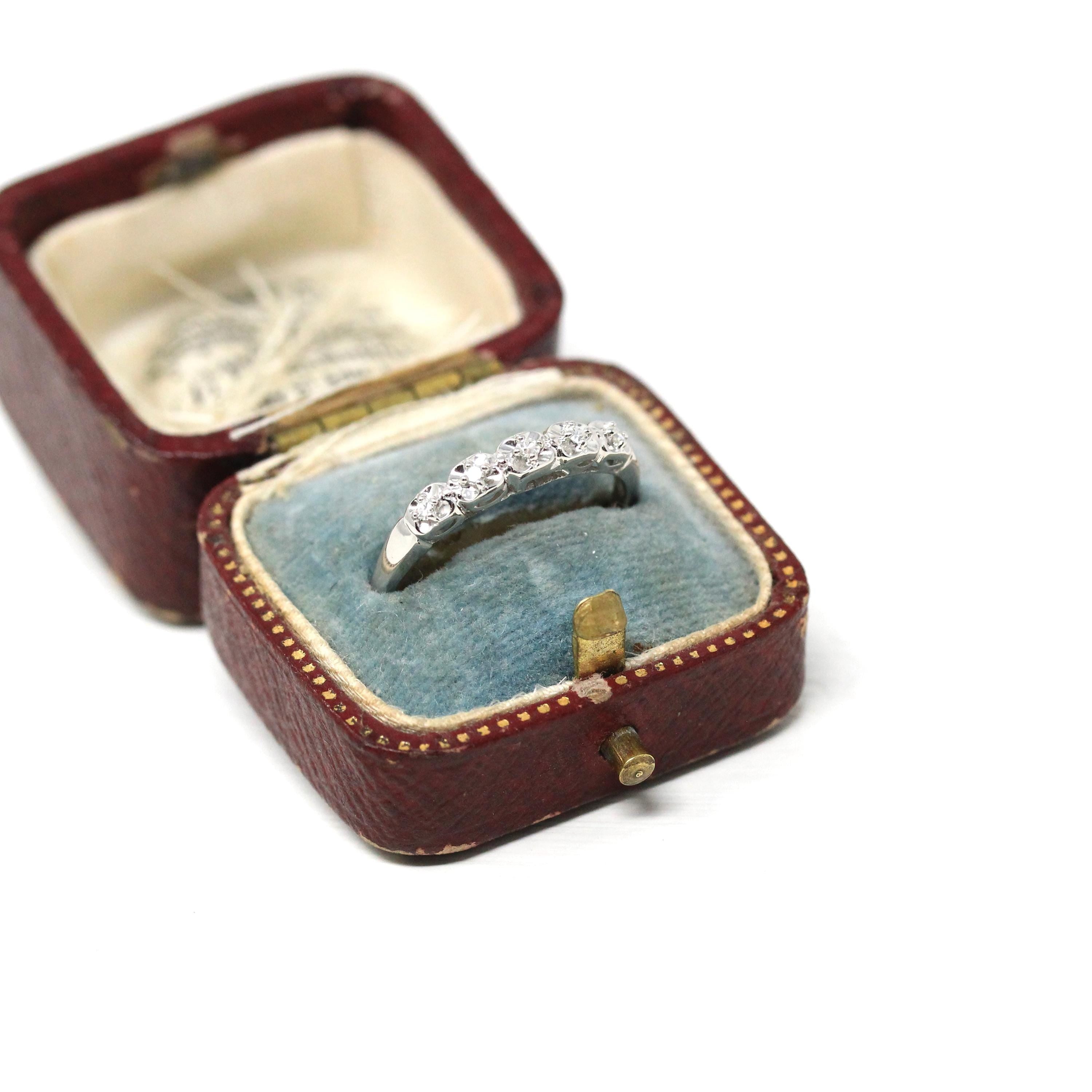 Diamond Wedding Band - Vintage 14k White Gold Bridal Natural Gemstones Ring - Mid Century 1950s Era Size 7 3/4 Stacking Fine 50s Jewelry