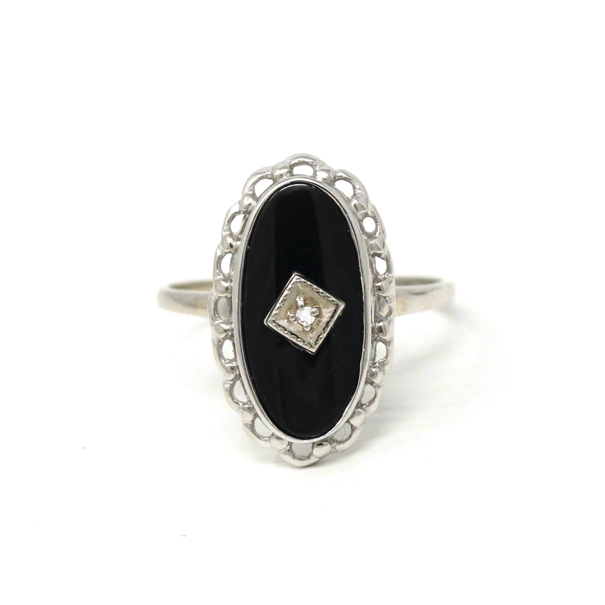 Vintage Onyx Ring - Retro 10k White Gold Natural Diamond Black Chalcedony Gem - Circa 1960s Era Size 6 3/4 Oval Scalloped Fine 60s Jewelry