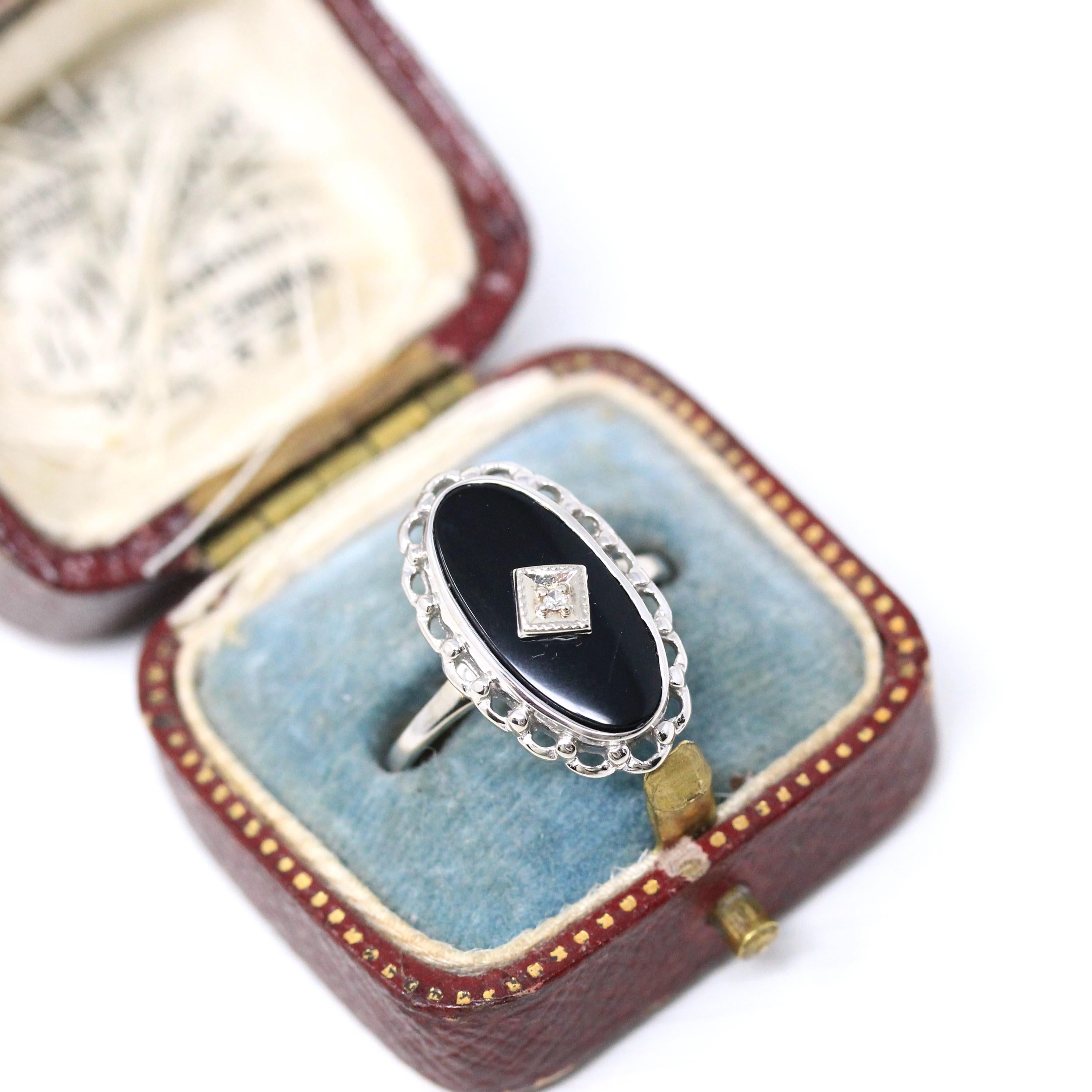 Vintage Onyx Ring - Retro 10k White Gold Natural Diamond Black Chalcedony Gem - Circa 1960s Era Size 6 3/4 Oval Scalloped Fine 60s Jewelry