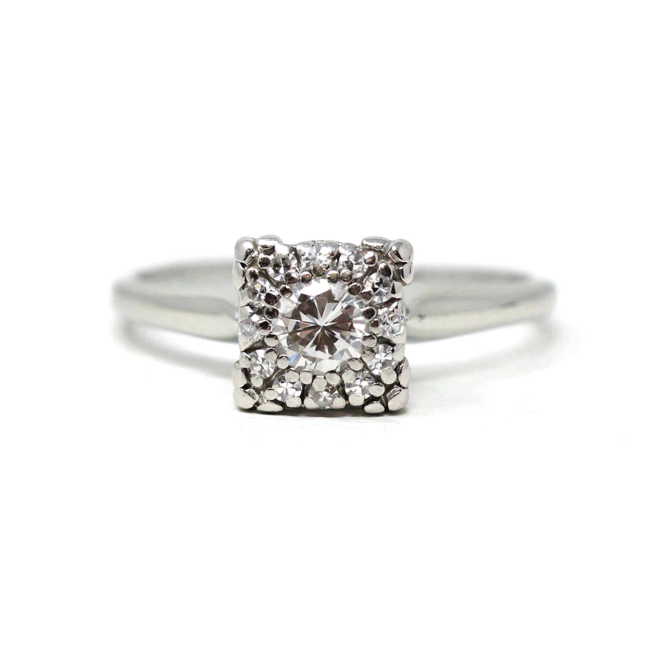 Diamond Cluster Ring - Vintage 18k White Gold Natural Gemstone Flower Halo Engagement - Mid Century 1950s Era Size 6 3/4 Fine Bridal Jewelry