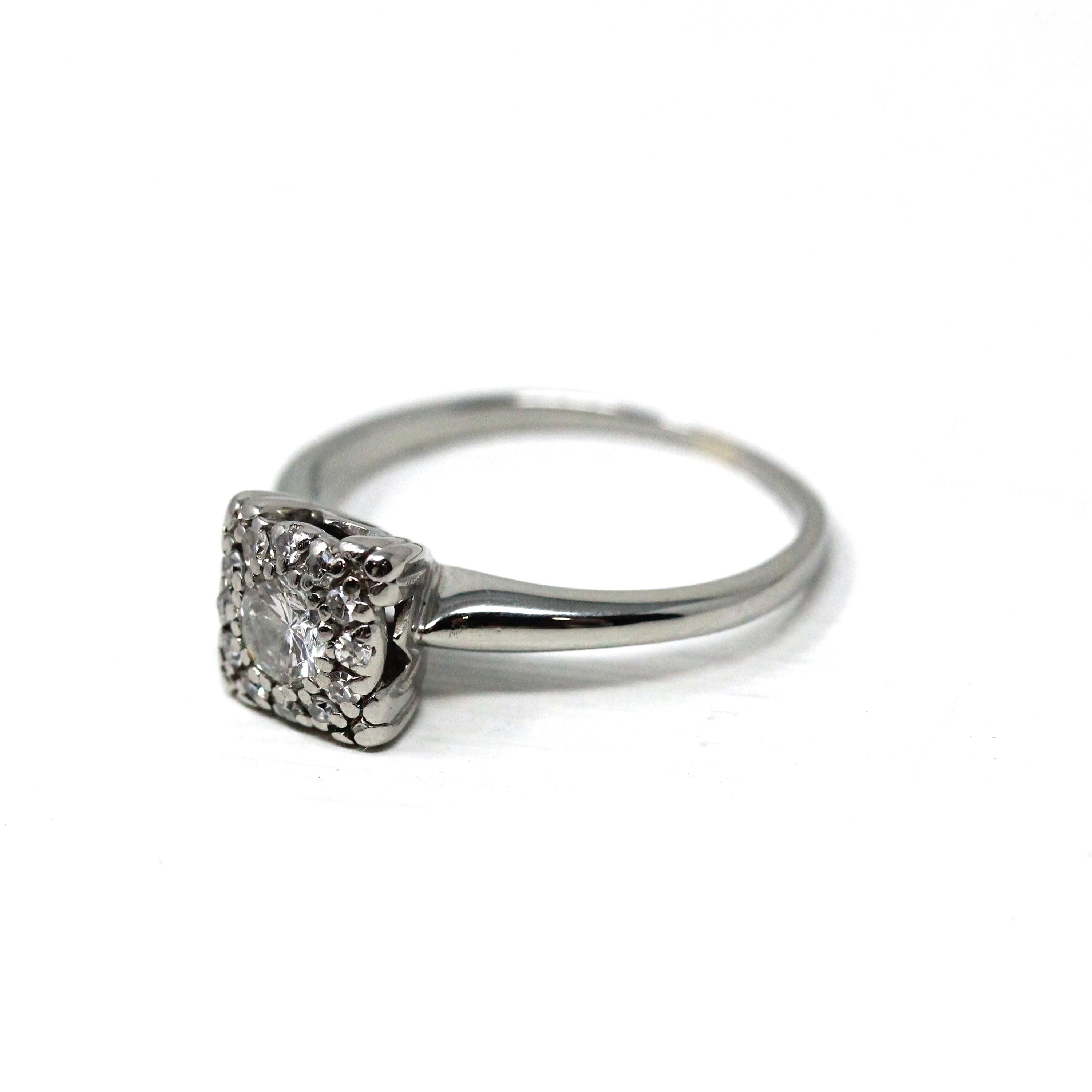 Diamond Cluster Ring - Vintage 18k White Gold Natural Gemstone Flower Halo Engagement - Mid Century 1950s Era Size 6 3/4 Fine Bridal Jewelry