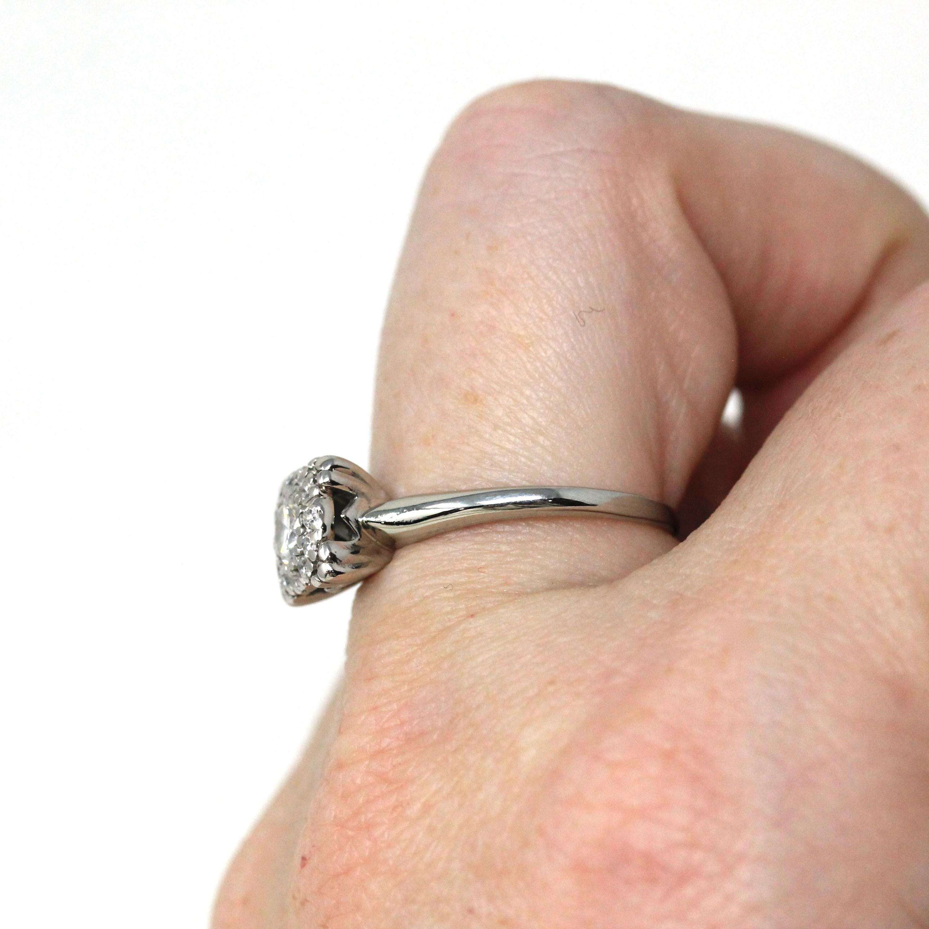 Diamond Cluster Ring - Vintage 18k White Gold Natural Gemstone Flower Halo Engagement - Mid Century 1950s Era Size 6 3/4 Fine Bridal Jewelry