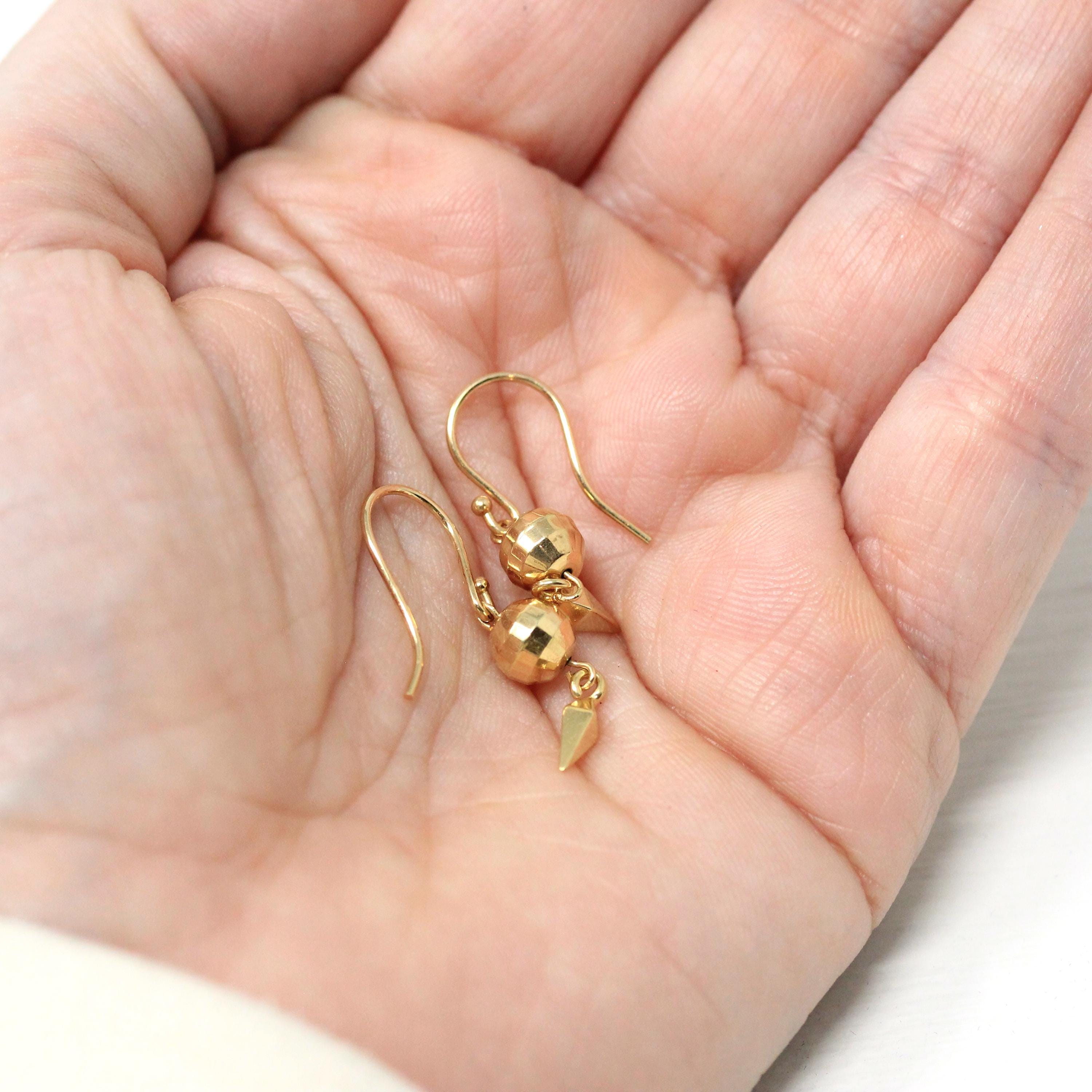 Modern Disco Ball Earrings - Estate 14k Yellow Gold Dangle Drop Spheres Pierced Hook Back - Circa 2000s Dainty Fine New Year's Eve Jewelry