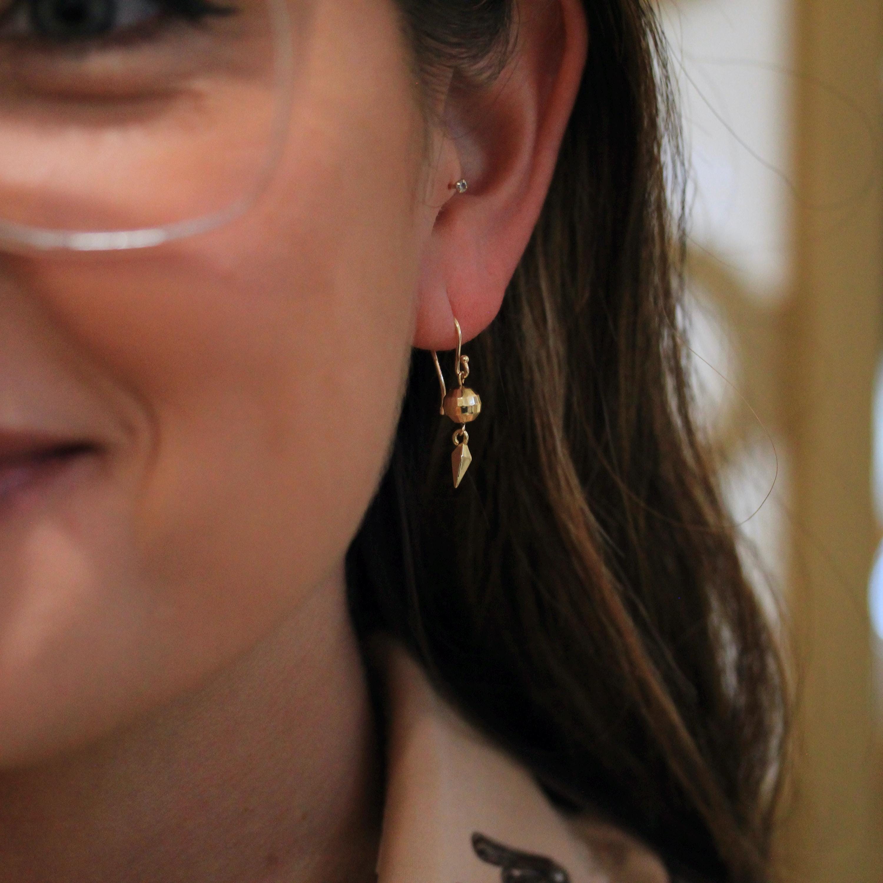 Modern Disco Ball Earrings - Estate 14k Yellow Gold Dangle Drop Spheres Pierced Hook Back - Circa 2000s Dainty Fine New Year's Eve Jewelry