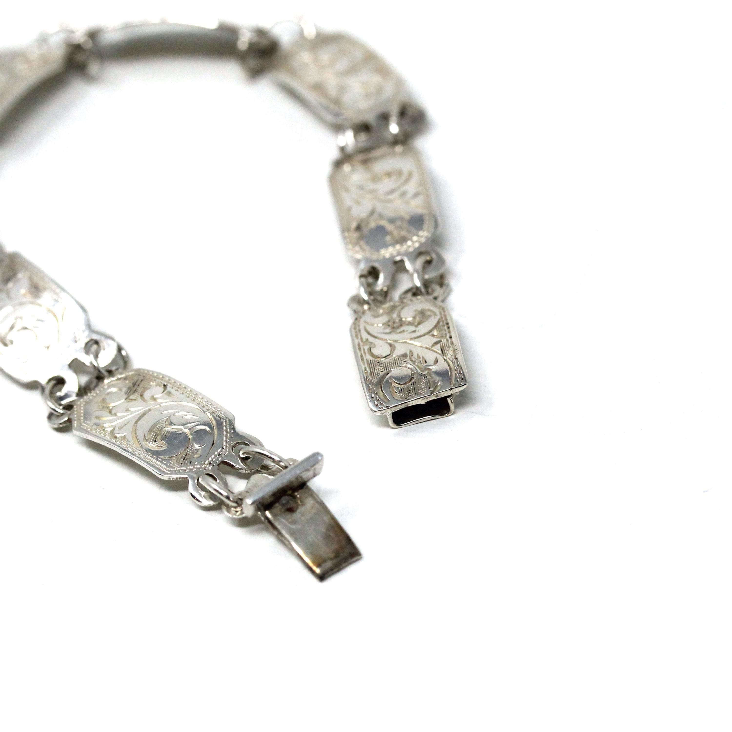 Vintage Siam Bracelet - Retro Sterling Silver Eight Decorative Panels Thailand Thai - Circa 1940s Era Paisley Fashion Accessory Jewelry