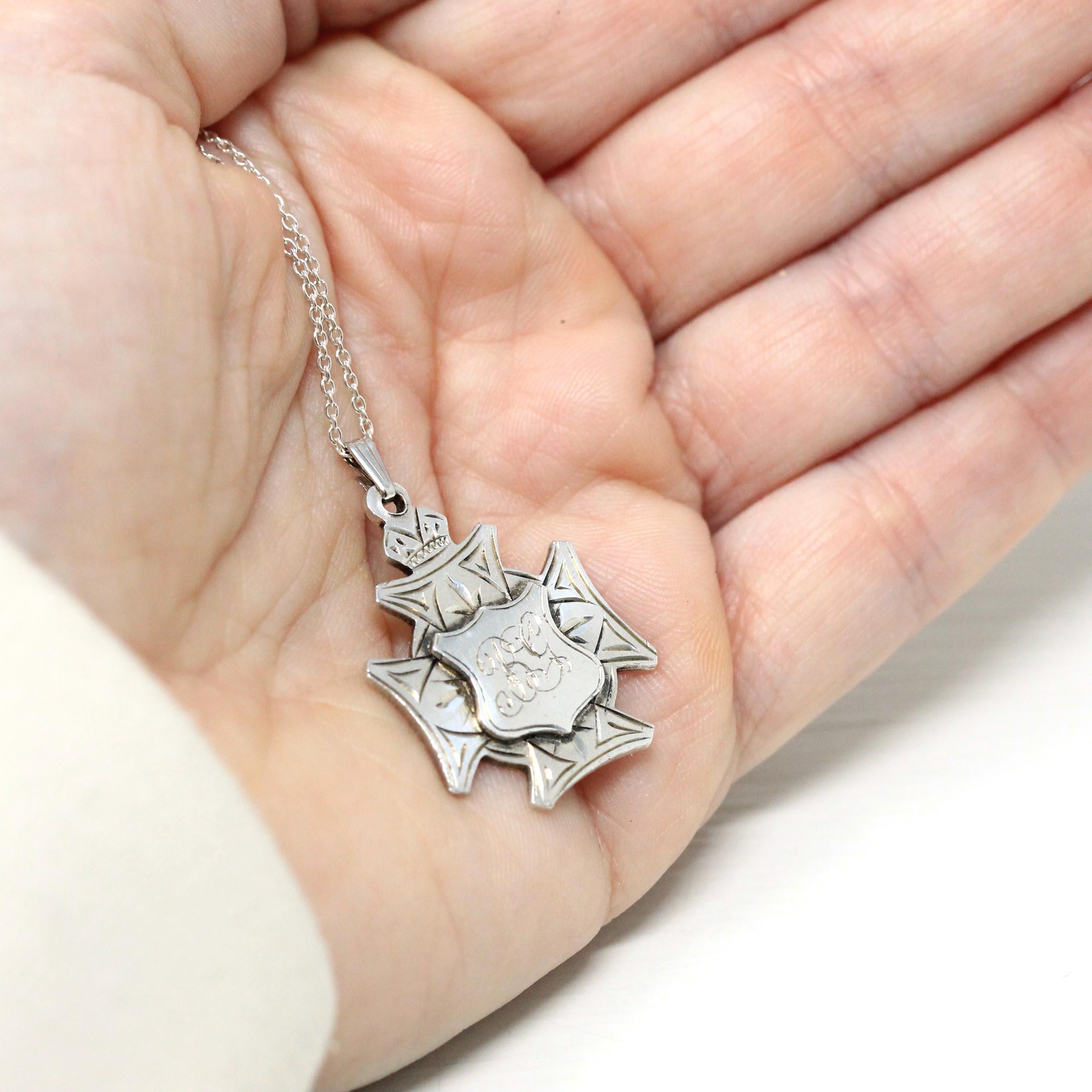 Antique Sterling Silver Fob - Edwardian Era Maltese Cross Shield Statement - Circa 1910s English Vintage Pocket Watch Chain Charm Jewelry