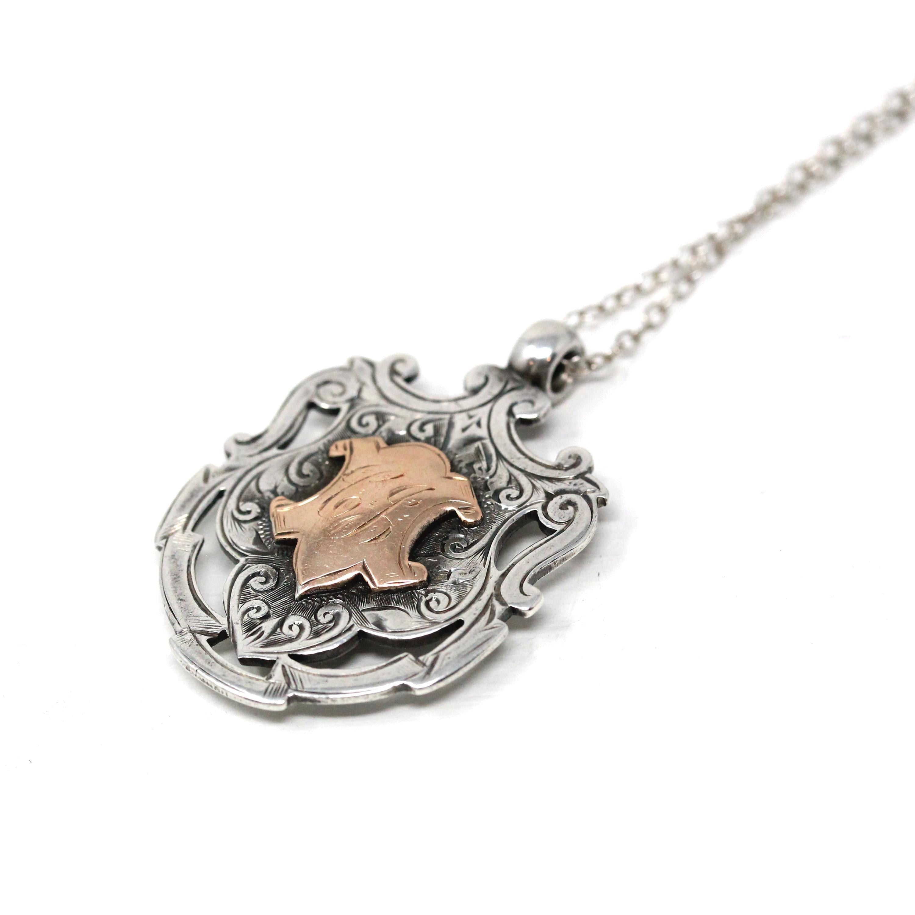 Antique Sterling Silver Fob - Edwardian Era Two Sided Rose Gold Shield Charm - Hallmarked 1911 Birmingham England Fattorini Bradford Jewelry