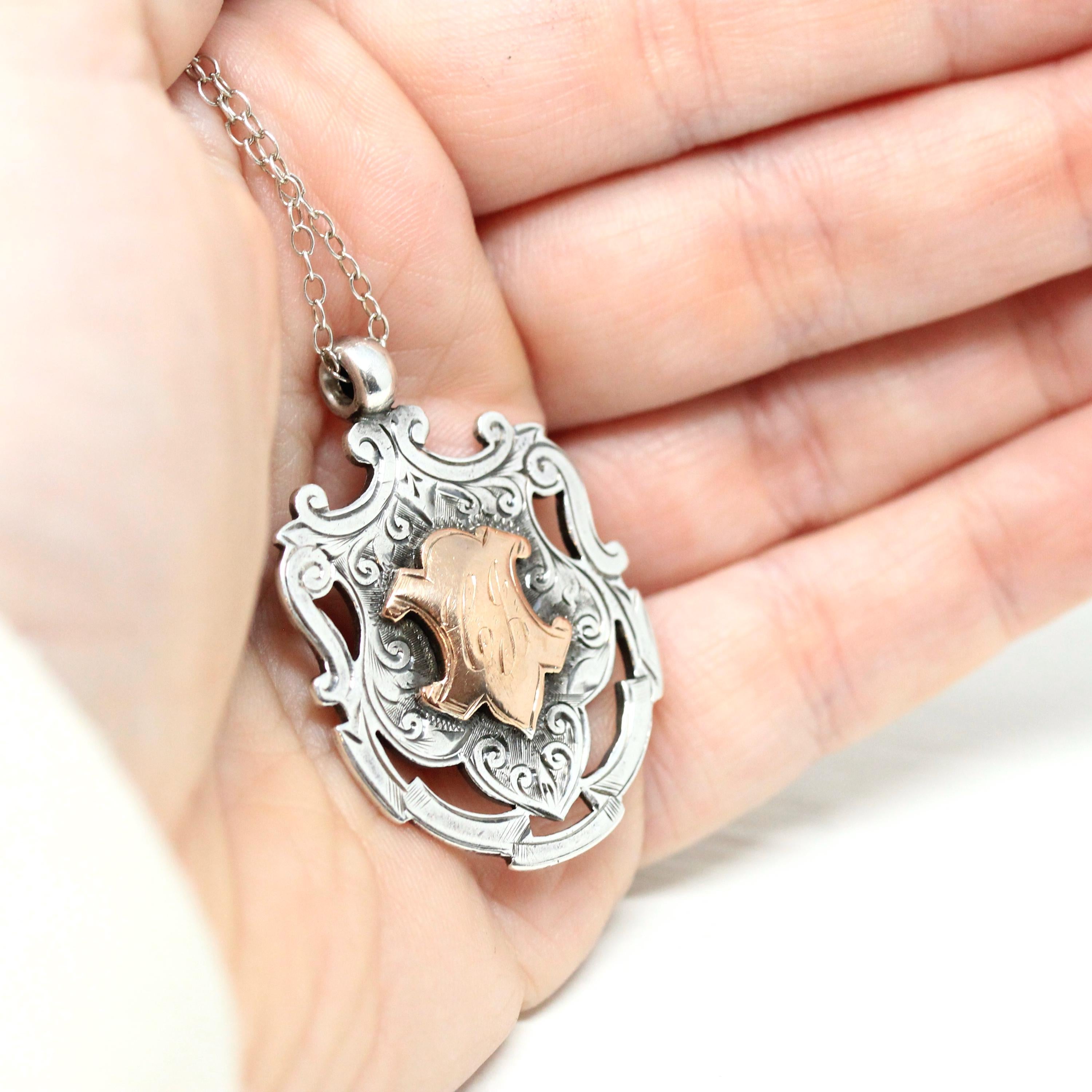 Antique Sterling Silver Fob - Edwardian Era Two Sided Rose Gold Shield Charm - Hallmarked 1911 Birmingham England Fattorini Bradford Jewelry