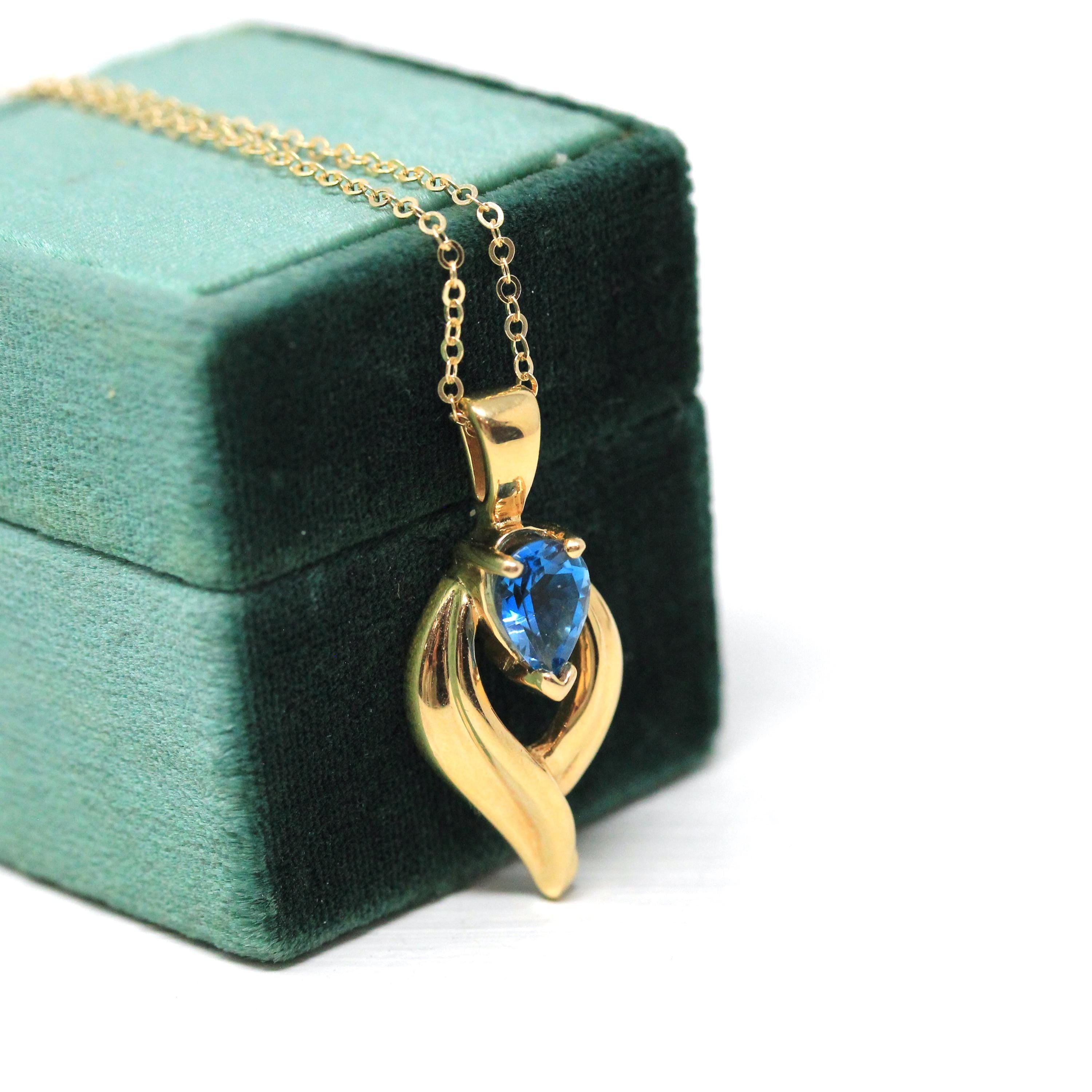 London Blue Topaz Necklace - Modern 14k Yellow Gold Pear Faceted .80 CT Natural Gem - Estate Circa 2000s December Birthstone Pendant Jewelry