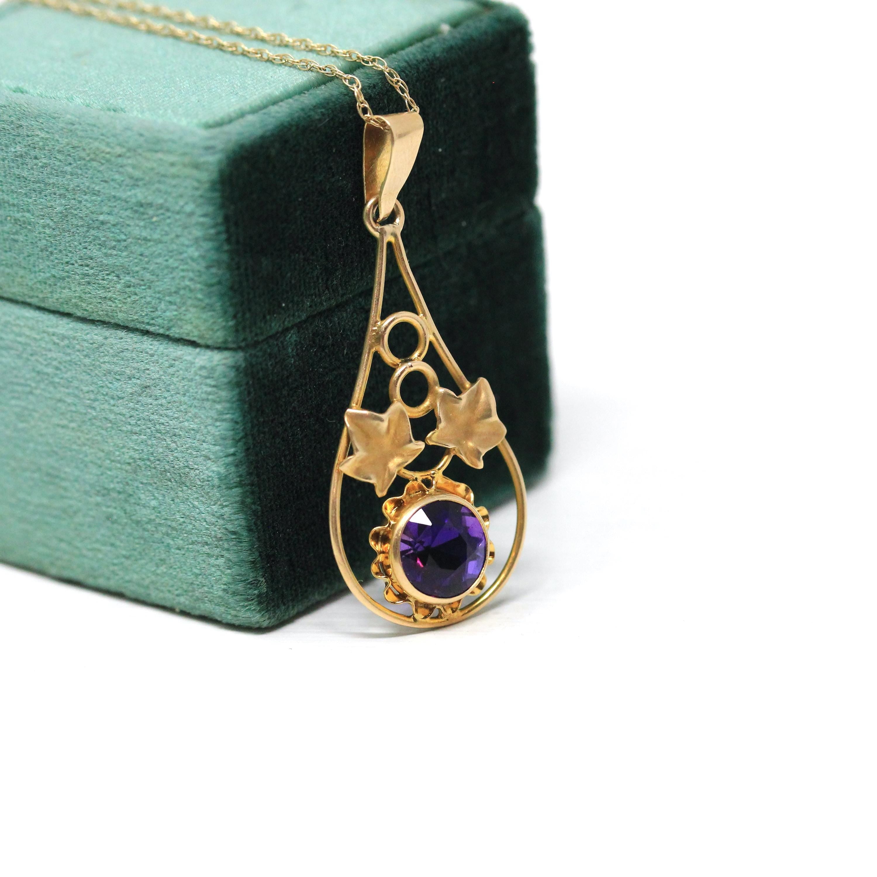 Vintage Amethyst Pendant - Retro 10k Yellow Natural Purple Gemstone Necklace - Circa 1940s Era Ivy Leaves Flower Statement Fine 40s Jewelry