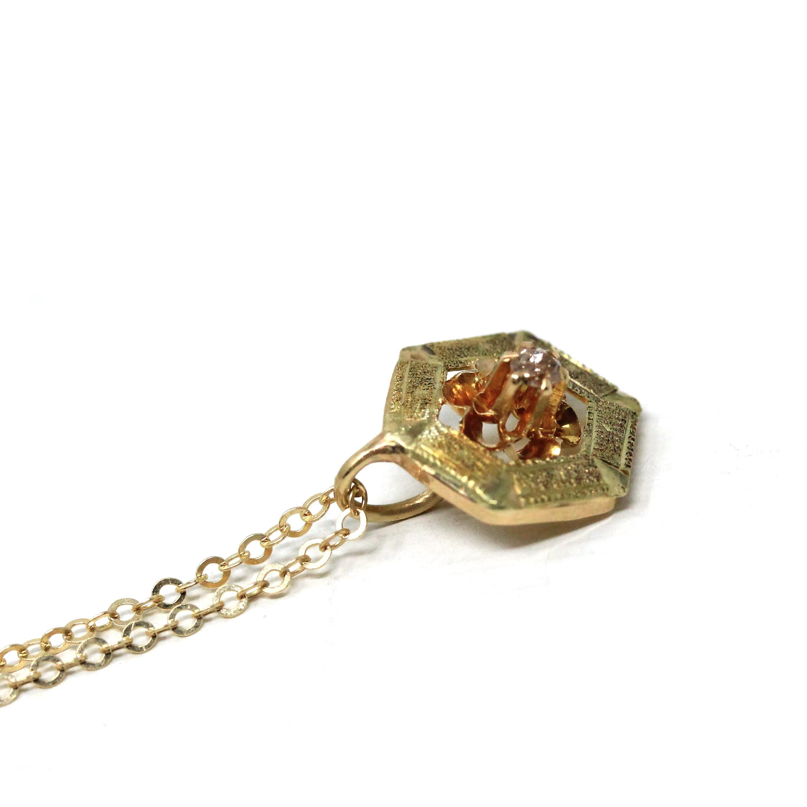 Antique Diamond Charm - Edwardian 14k Yellow Gold Natural .04 CT Gemstone Pendant - Vintage Circa 1910s Era Buttercup Flower Fine Jewelry