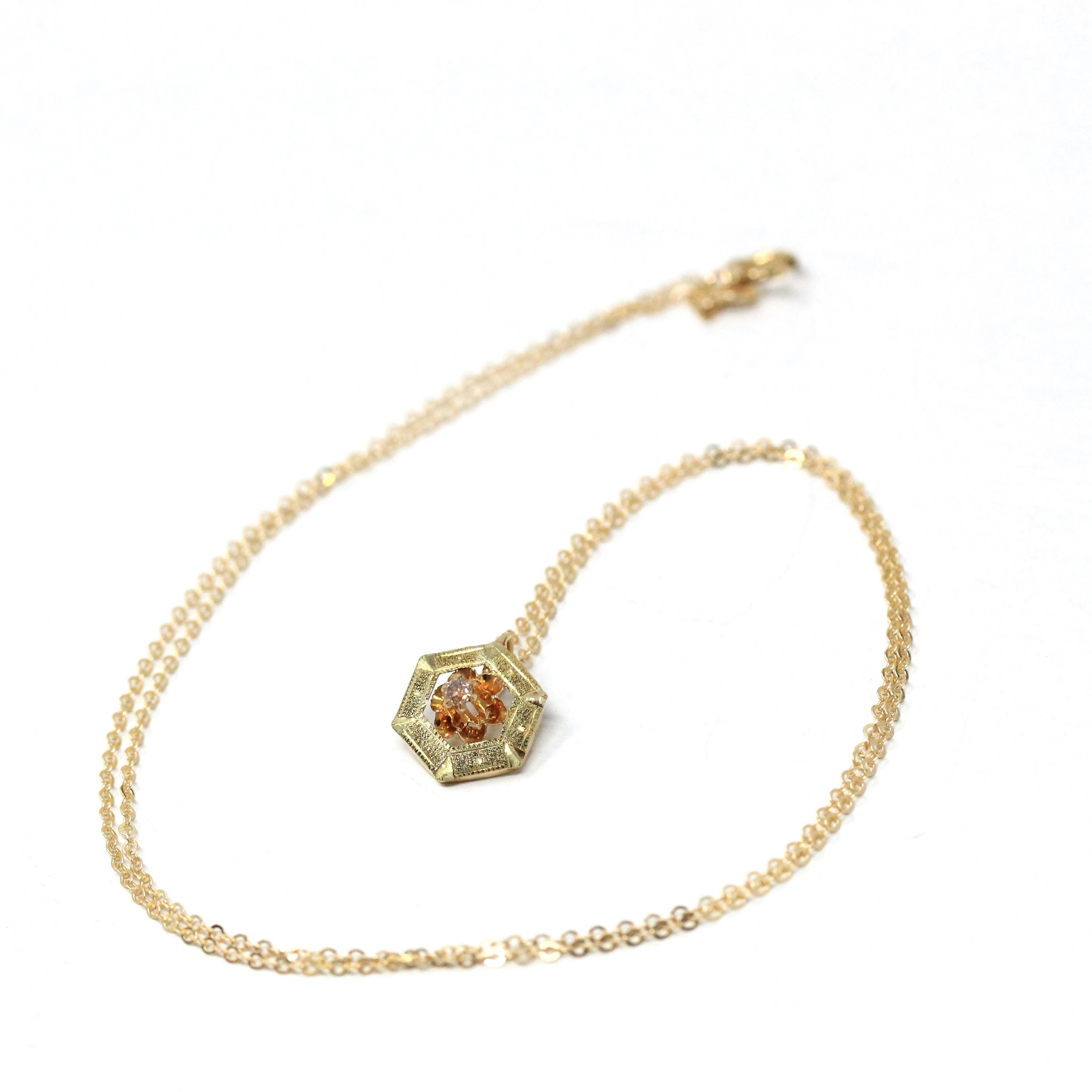 Antique Diamond Charm - Edwardian 14k Yellow Gold Natural .04 CT Gemstone Pendant - Vintage Circa 1910s Era Buttercup Flower Fine Jewelry