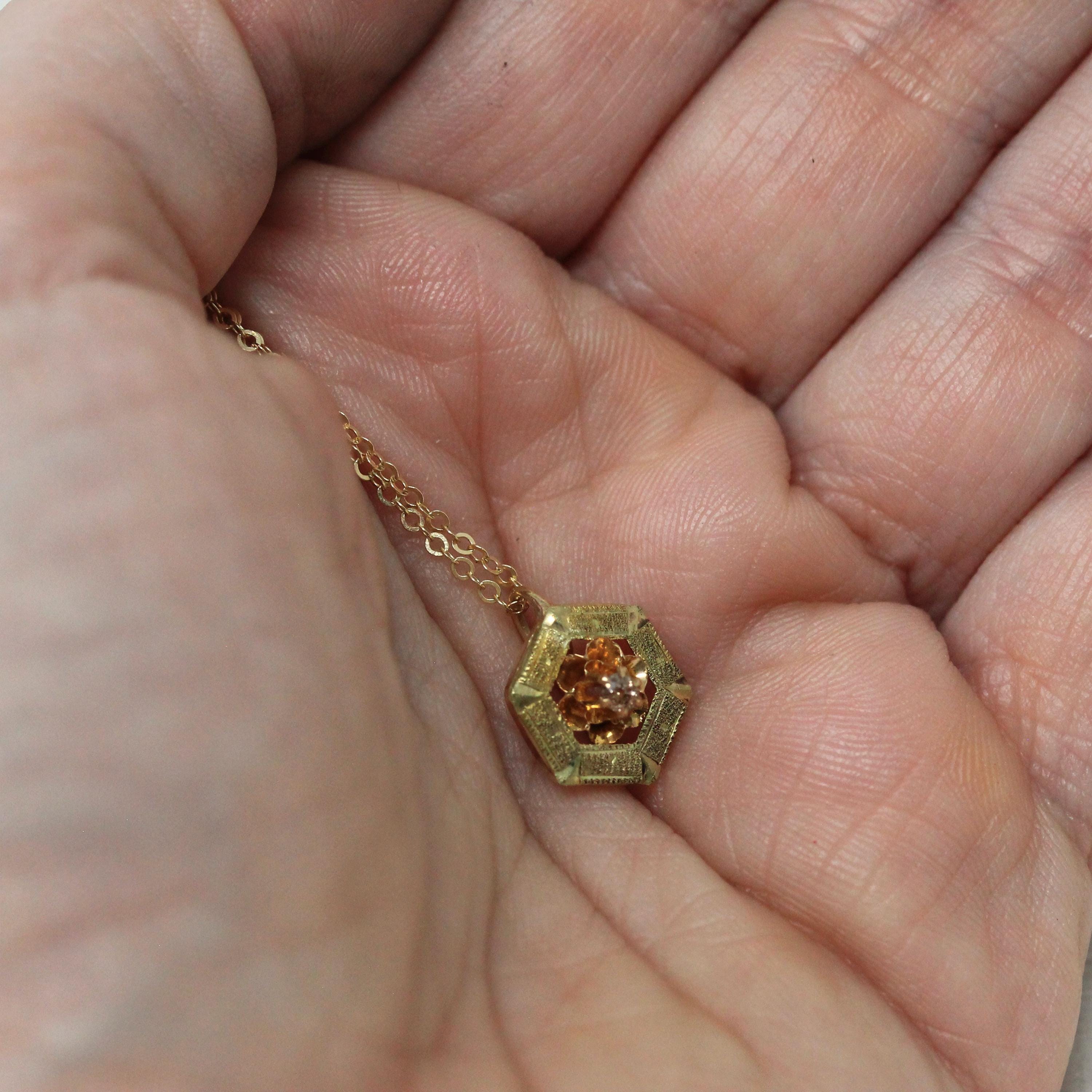 Antique Diamond Charm - Edwardian 14k Yellow Gold Natural .04 CT Gemstone Pendant - Vintage Circa 1910s Era Buttercup Flower Fine Jewelry