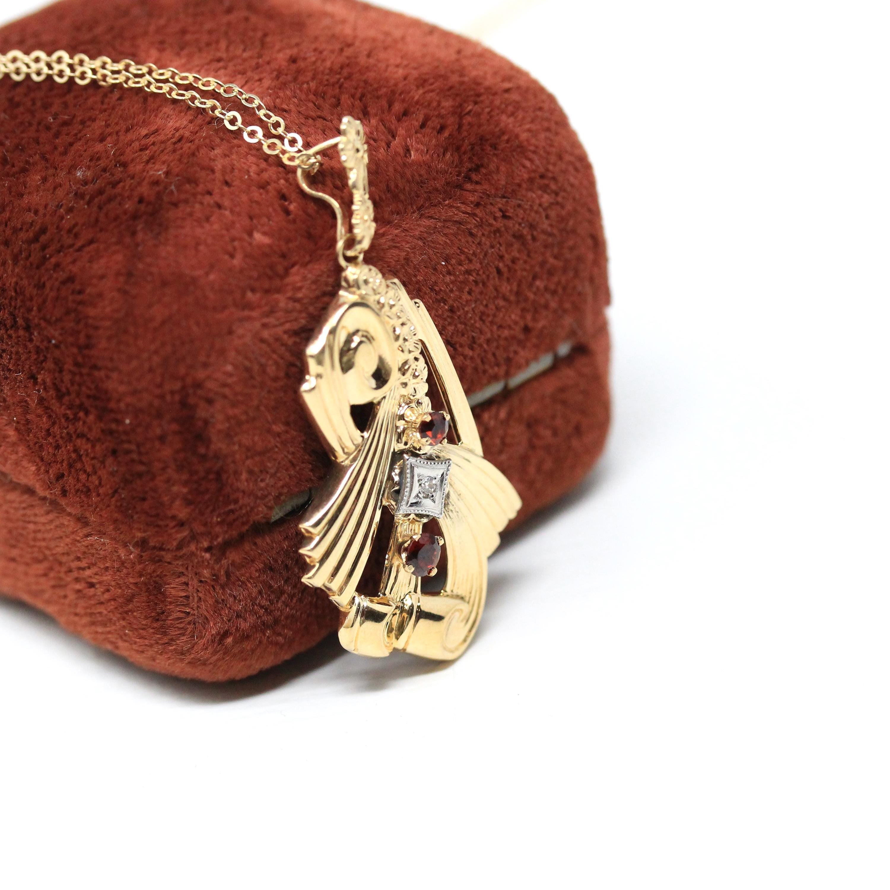 Retro Garnet Lavalier - 10k Yellow Gold Three Stone Diamond Accent Pendant - Vintage Circa 1940s Era January Birthstone Flower Fine Jewelry