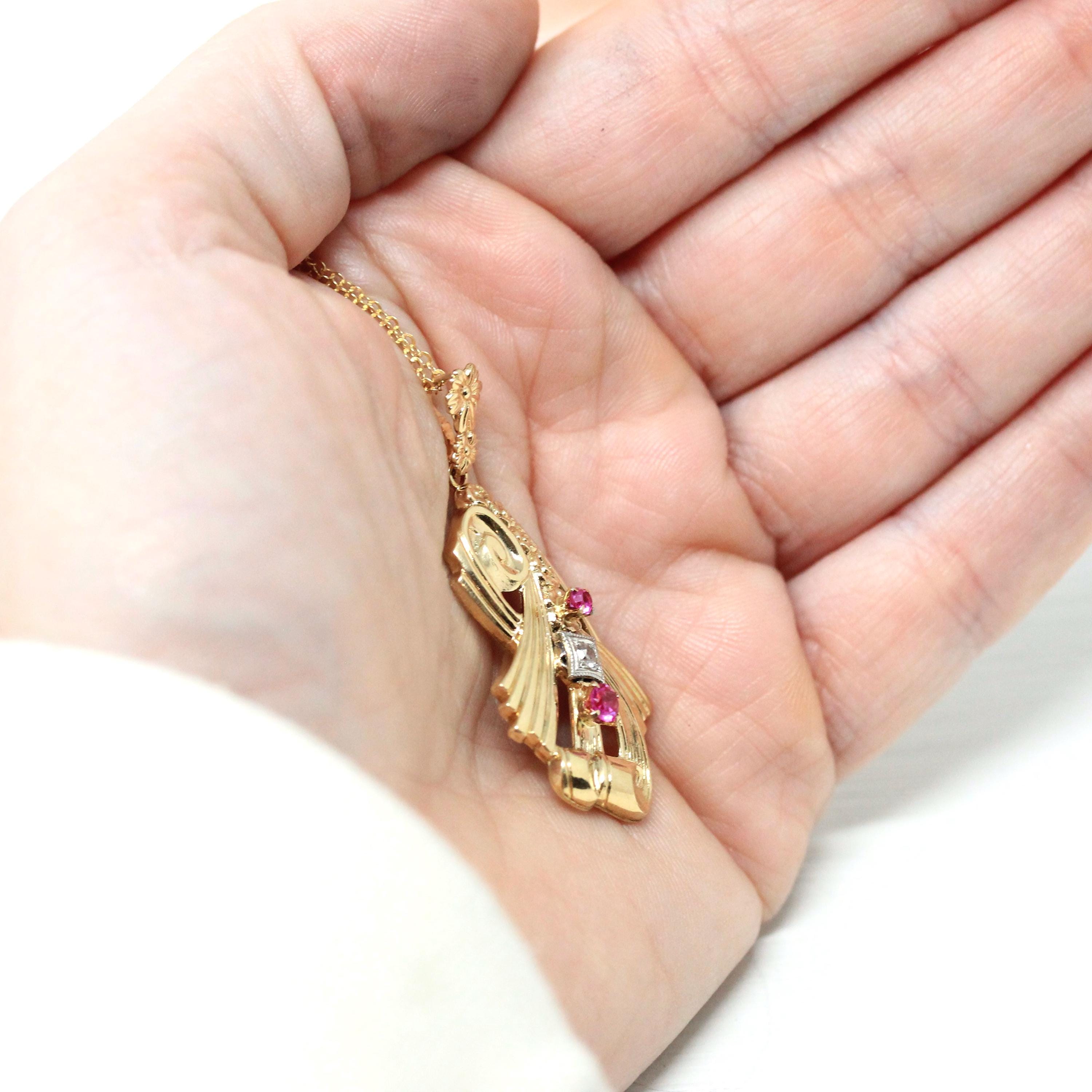 Retro Created Ruby Lavalier - 10k Yellow Gold Three Stone Diamond Accent Pendant - Vintage Circa 1940s July Birthstone Flower Fine Jewelry