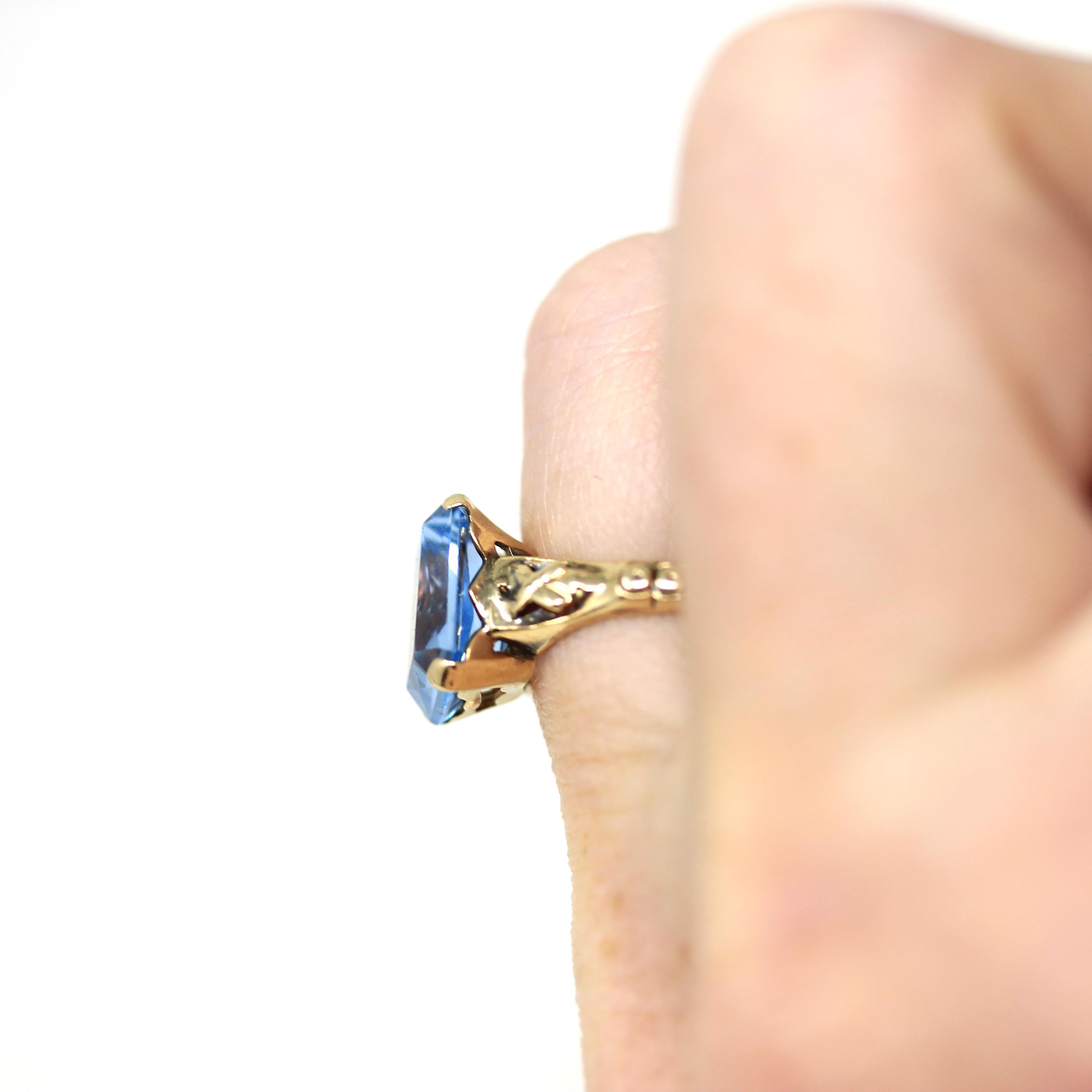 Created Spinel Ring - Retro 10k Yellow Gold Emerald Cut 4.41 CT Blue Stone - Vintage Circa 1940s Era Size 4 1/2 Statement Fine 40s Jewelry