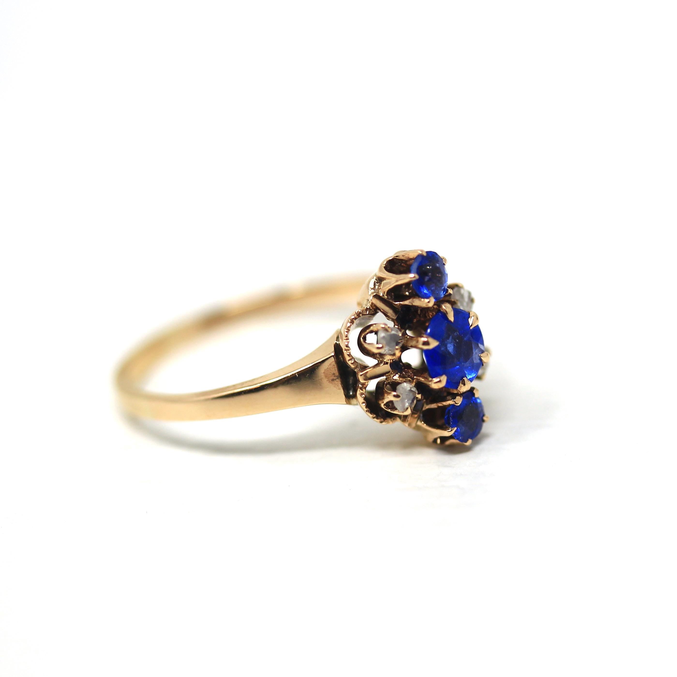 Simulated Sapphire Ring - Antique 10k Rosy Yellow Gold Navette Cluster Gems - Victorian Era Circa 1890s Size 8.5 Dainty Fine Diamond Jewelry