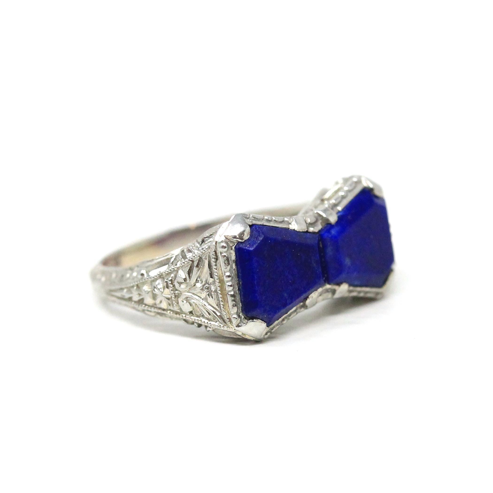 Lapis Lazuli Bowtie Ring - Art Deco 18k White Gold Filigree Dark Blue Gemstones - Vintage Circa 1930s Era Size 4 Hourglass Fine 30s Jewelry