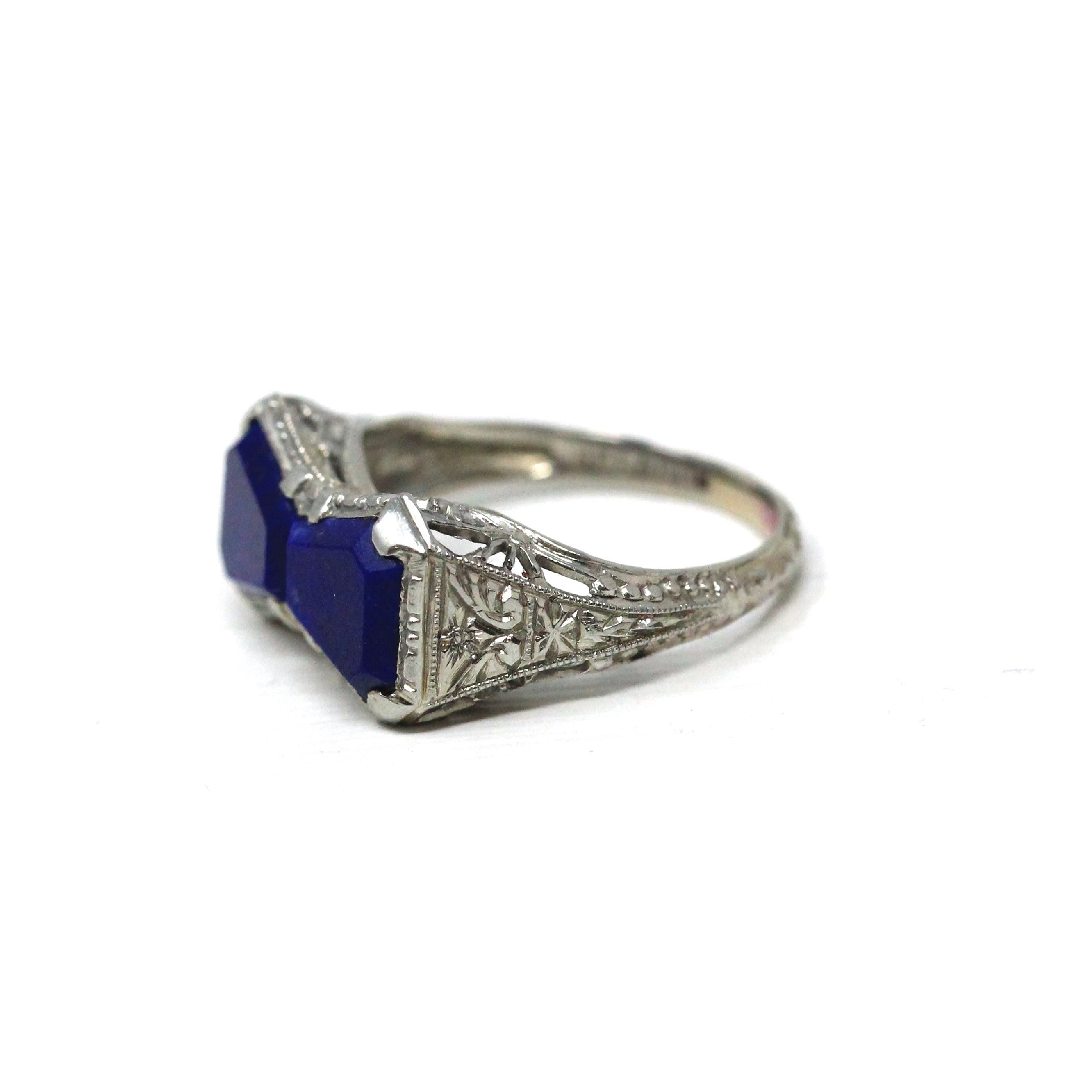 Lapis Lazuli Bowtie Ring - Art Deco 18k White Gold Filigree Dark Blue Gemstones - Vintage Circa 1930s Era Size 4 Hourglass Fine 30s Jewelry