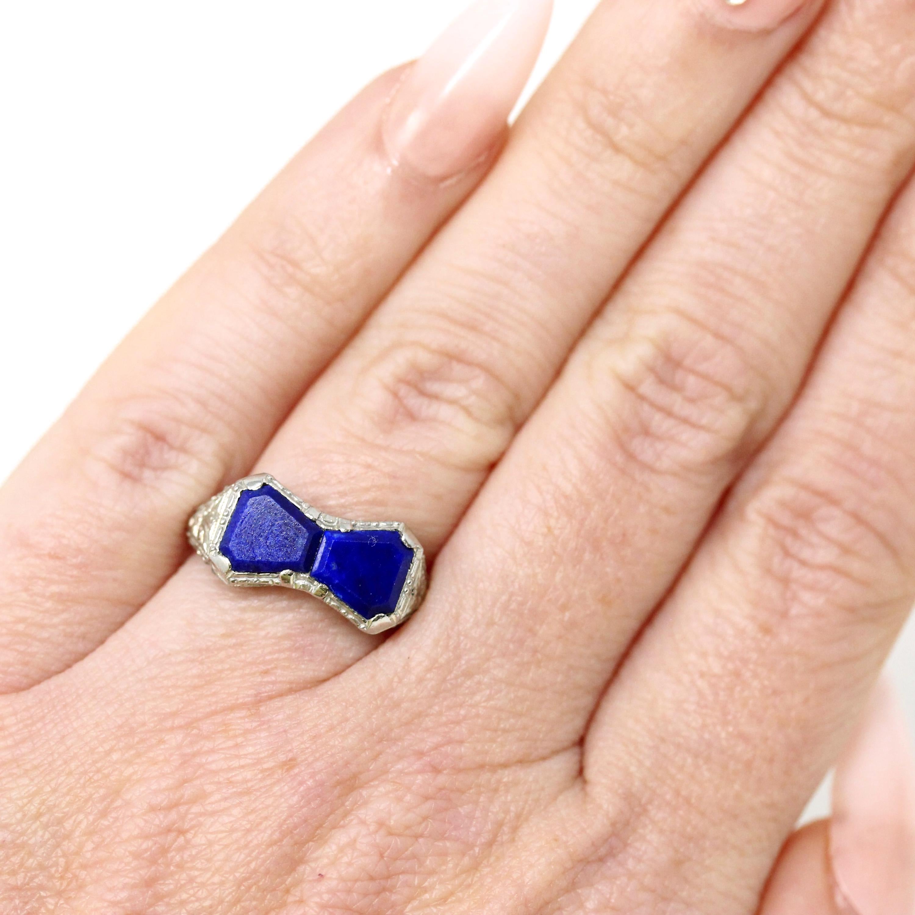 Lapis Lazuli Bowtie Ring - Art Deco 18k White Gold Filigree Dark Blue Gemstones - Vintage Circa 1930s Era Size 4 Hourglass Fine 30s Jewelry