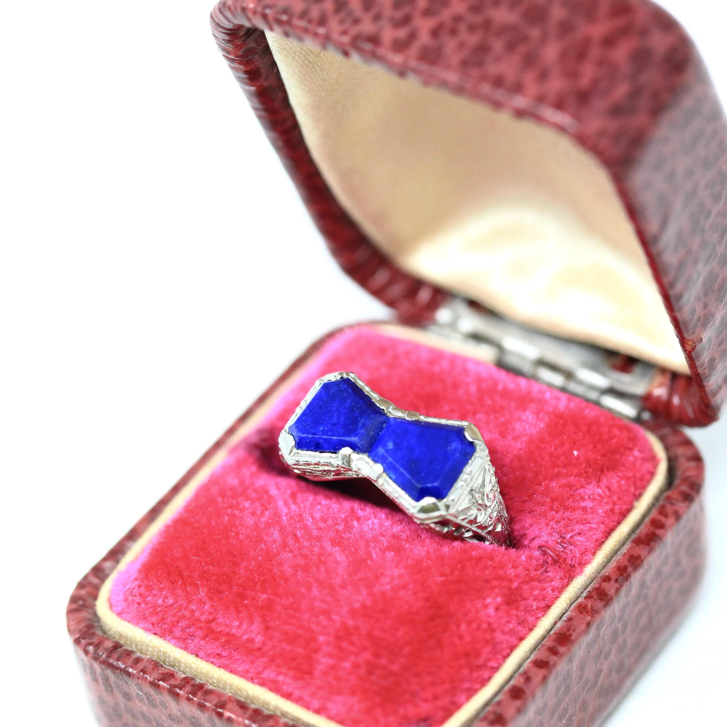 Lapis Lazuli Bowtie Ring - Art Deco 18k White Gold Filigree Dark Blue Gemstones - Vintage Circa 1930s Era Size 4 Hourglass Fine 30s Jewelry