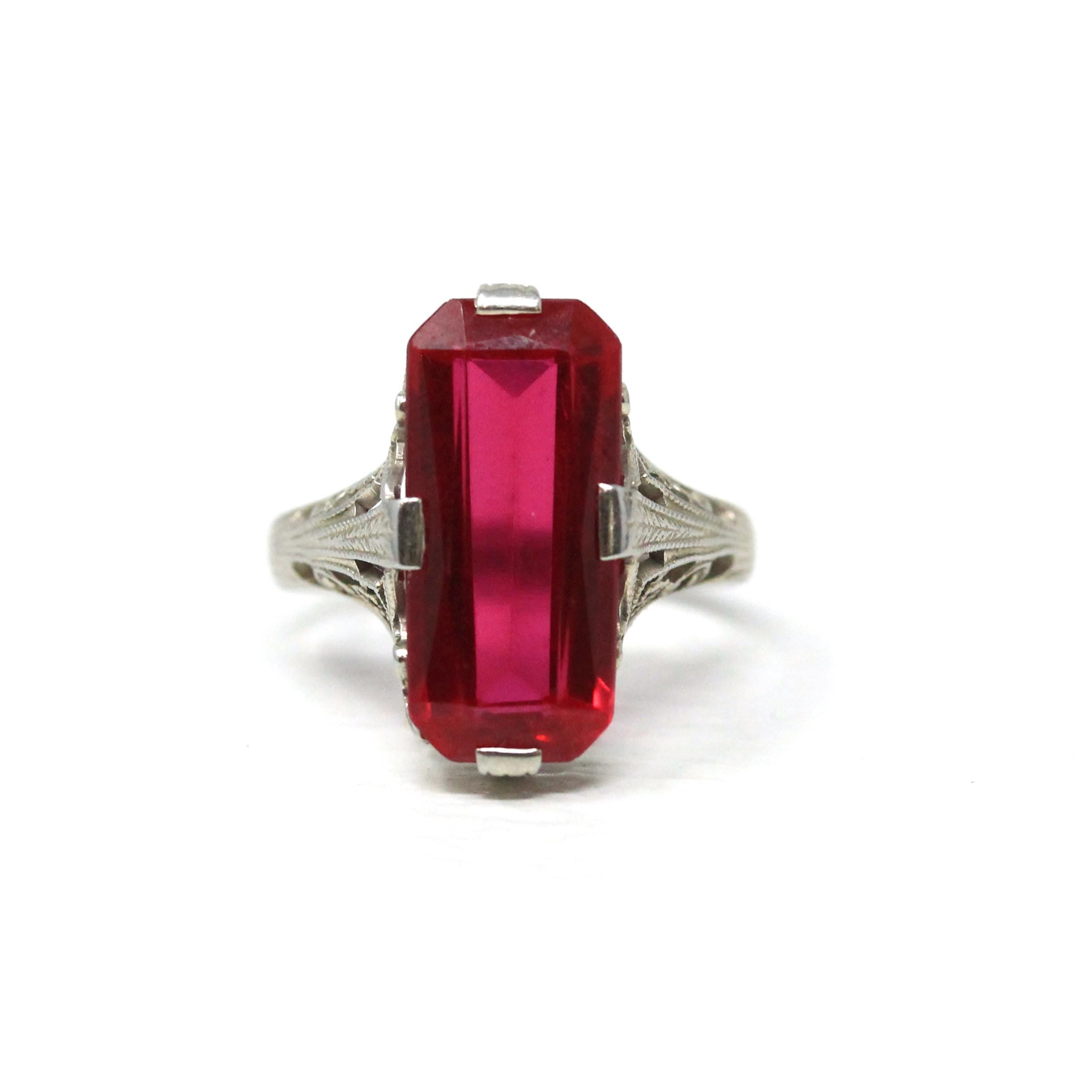 Created Ruby Ring - Art Deco 18k White Gold Rectangular Red Gemstone - Vintage Circa 1930s Size 3 3/4 July Birthstone Filigree Fine Jewelry