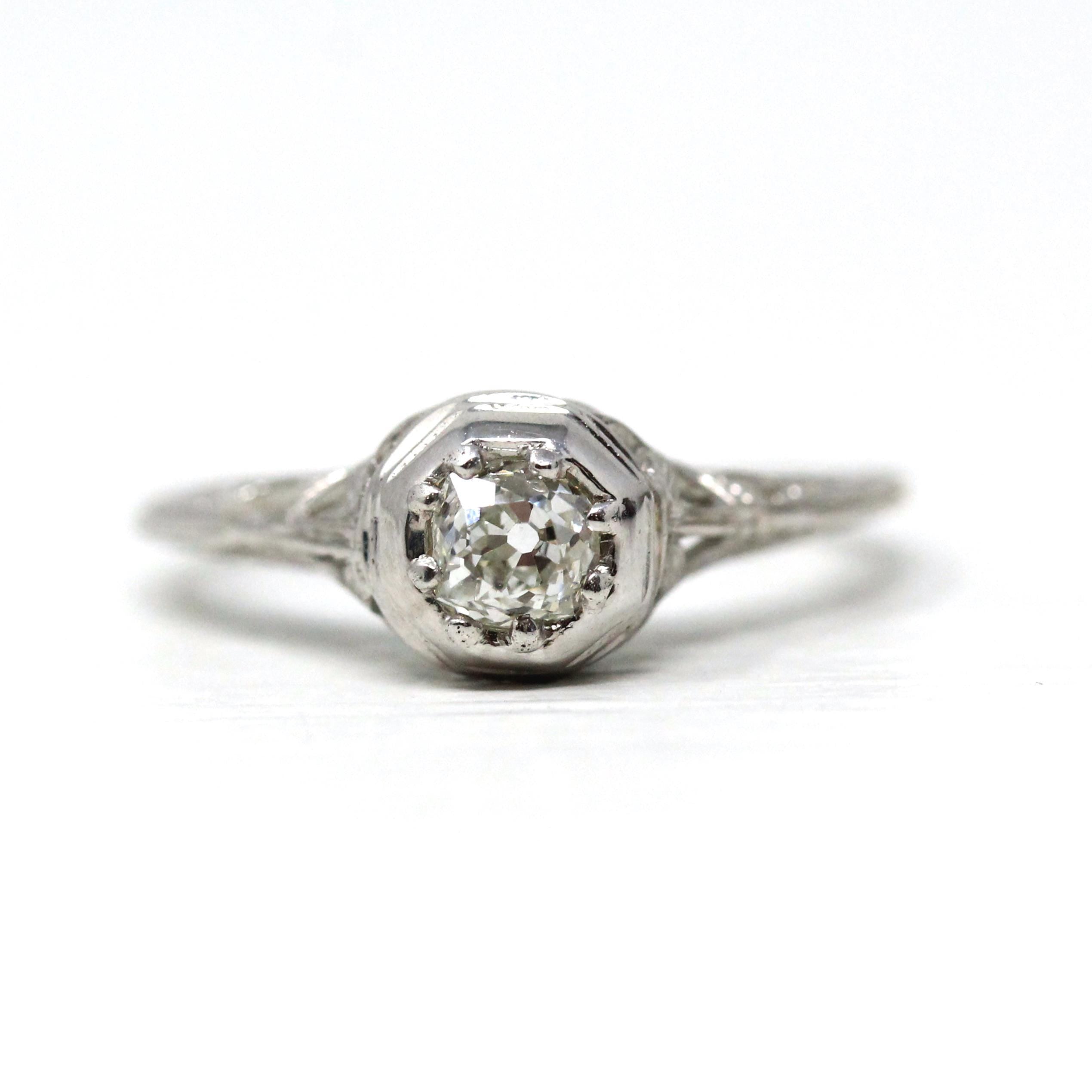 Art Deco Diamond Ring - Vintage 18k White Gold Natural Gemstone Solitaire - Circa 1930s Era Size 4 1/4 Filigree Engagement Fine Jewelry