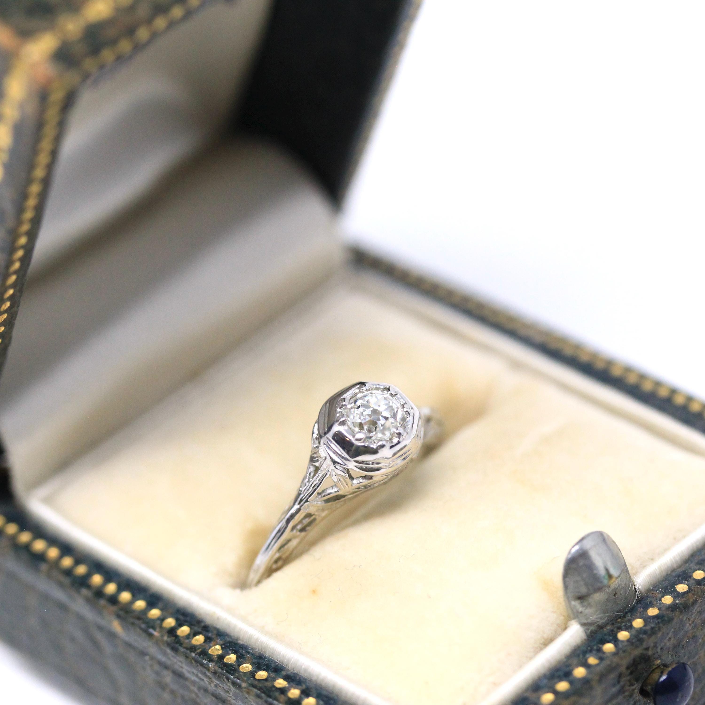 Art Deco Diamond Ring - Vintage 18k White Gold Natural Gemstone Solitaire - Circa 1930s Era Size 4 1/4 Filigree Engagement Fine Jewelry