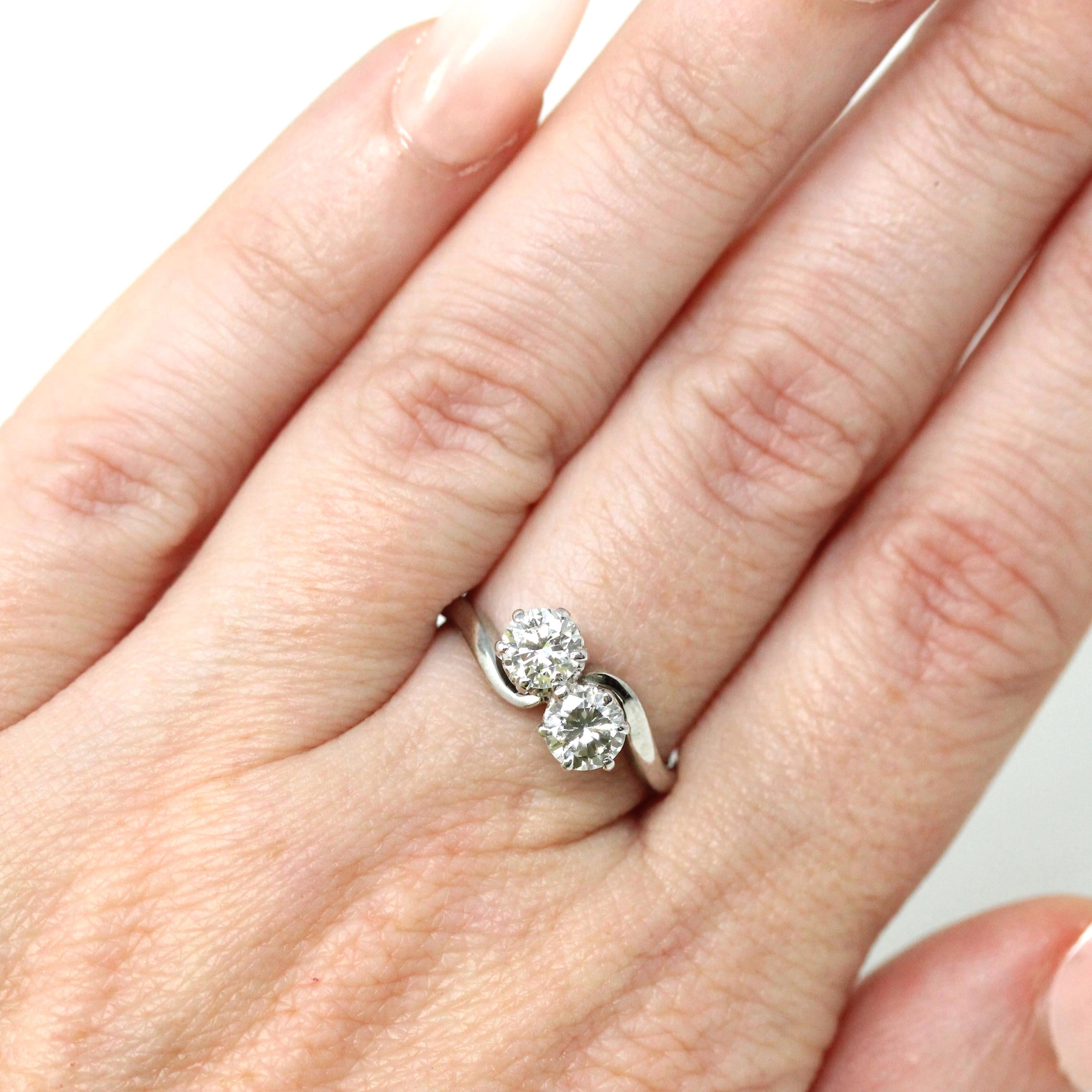 Mid Century Toi Et Moi Ring - Vintage 18k White Gold & Platinum Bypass Diamond Gemstones - Circa 1950s Era Size 5 1/2 Fine Statement Jewelry