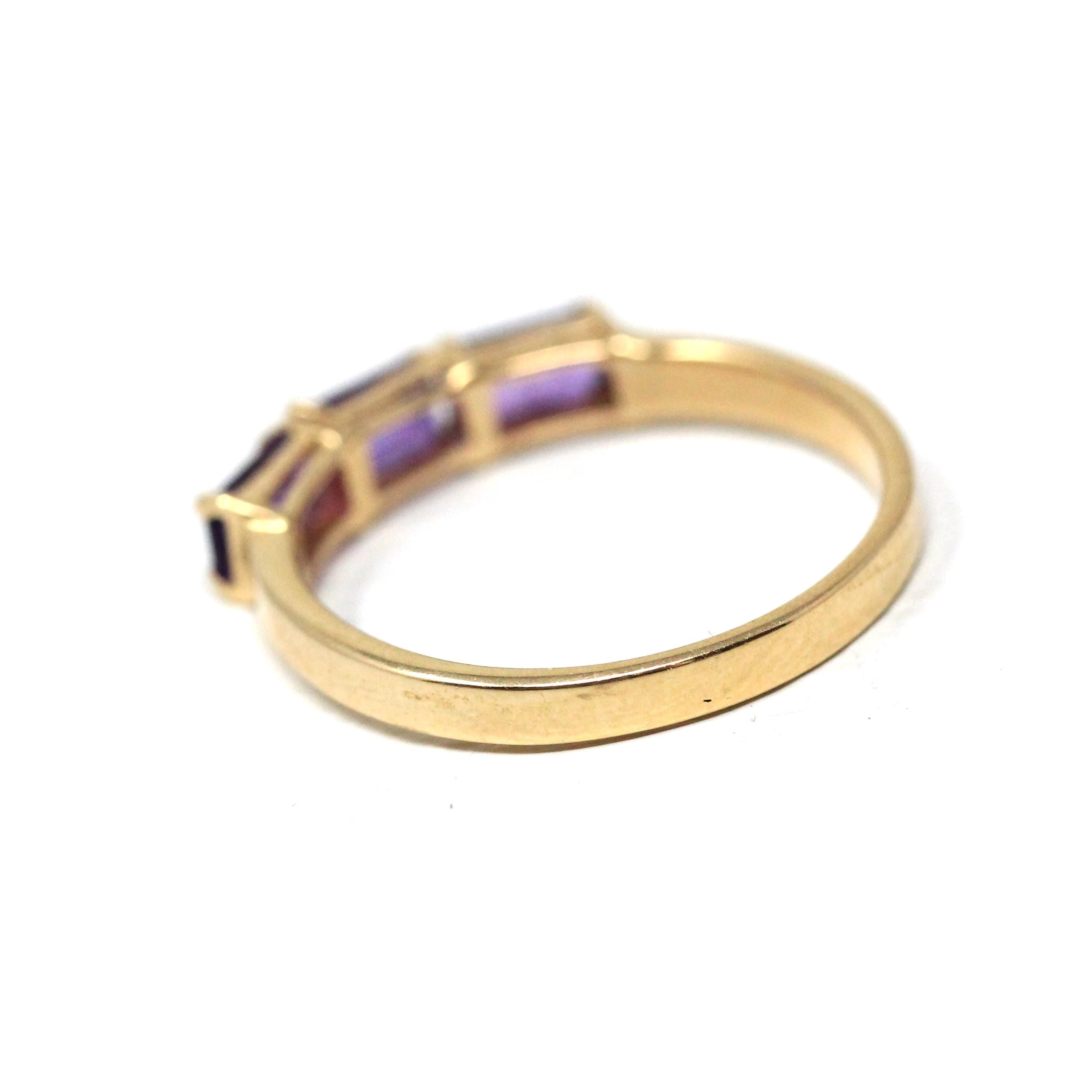 Modern Amethyst Ring - Vintage 14k Yellow Gold Three Rectangle Faceted Purple Gemstones - Estate Circa 2000's Era Size 6 3/4 Fine Jewelry