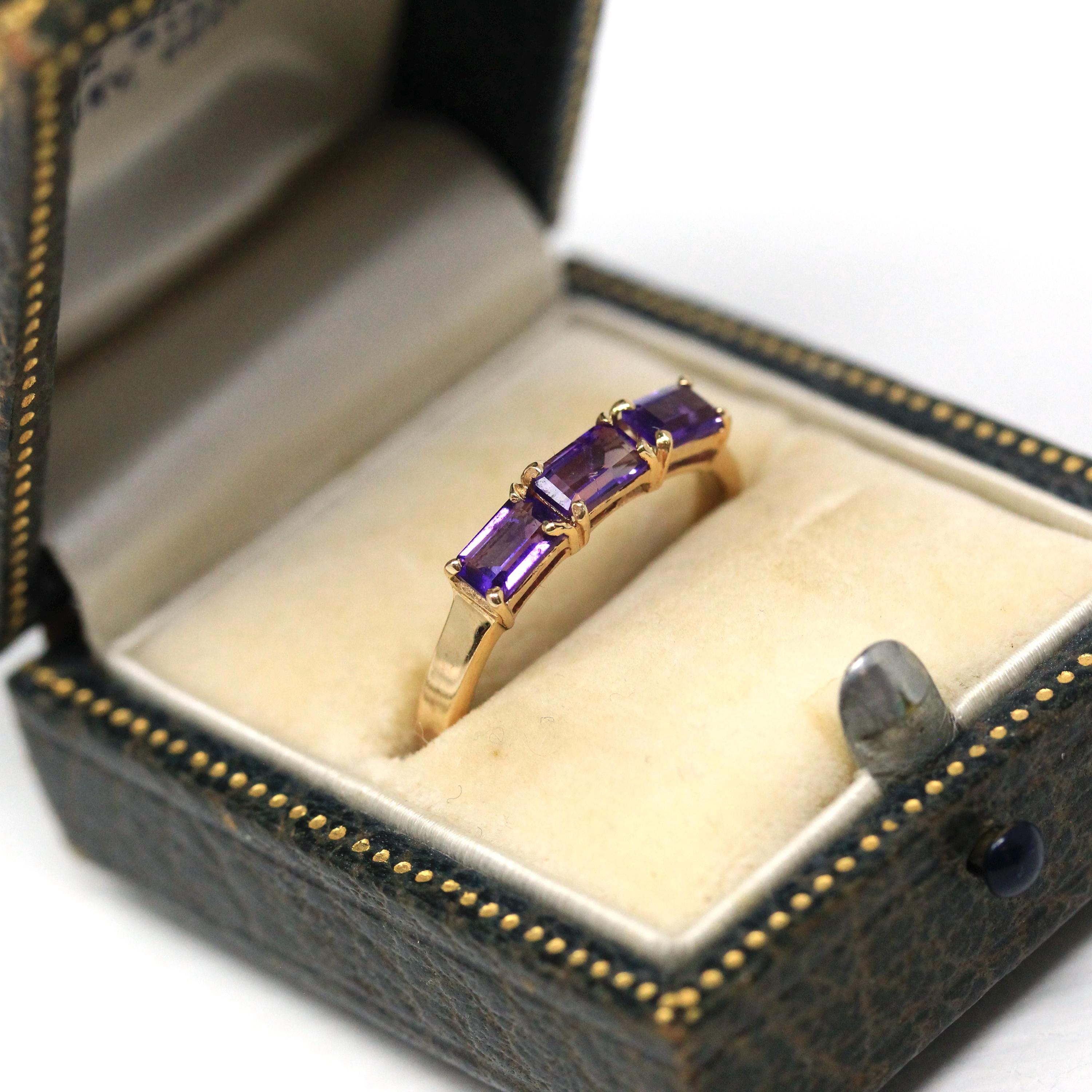 Modern Amethyst Ring - Vintage 14k Yellow Gold Three Rectangle Faceted Purple Gemstones - Estate Circa 2000's Era Size 6 3/4 Fine Jewelry