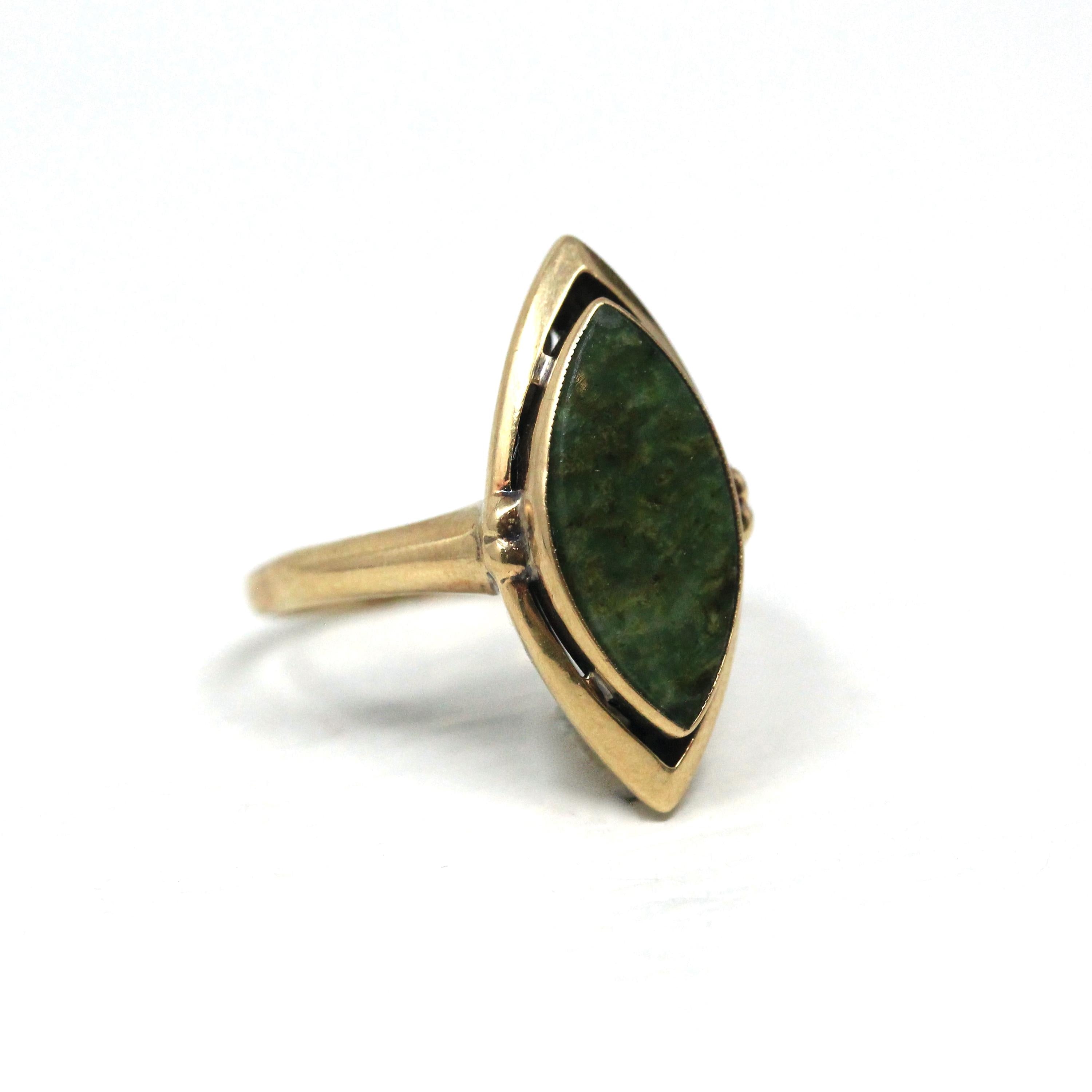 Nephrite Jade Ring - Retro 10k Yellow Gold Marquise Cut Natural Green Gemstone - Vintage 1960s Era Size 5 Navette Statement Fine 60s Jewelry