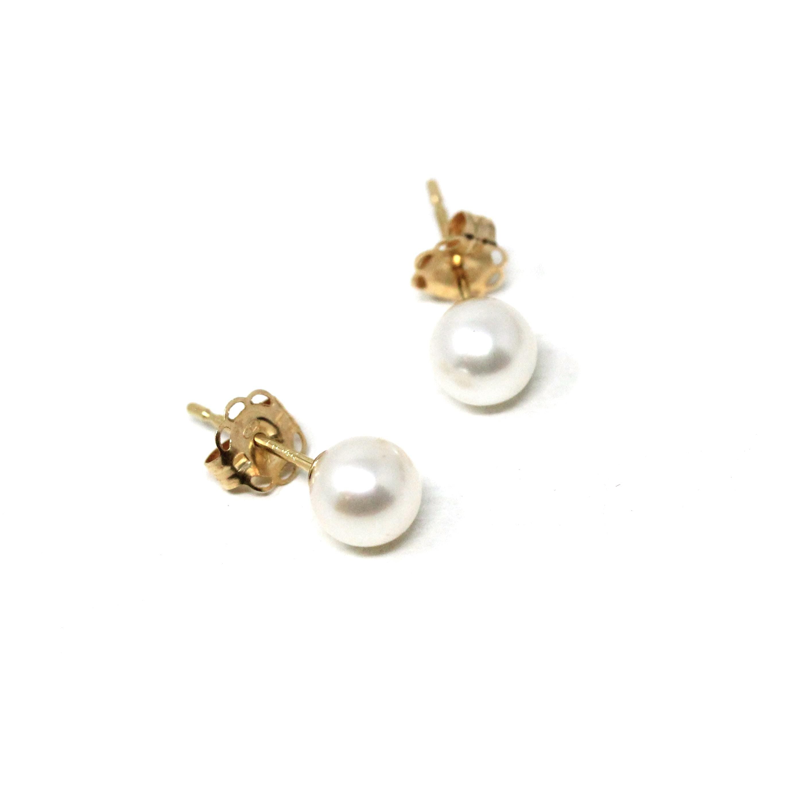 Cultured Pearl Earrings - Modern 14k Yellow Gold Organic Gems Pierced Push Backs Studs - Estate Circa 2000's June Birthstone Fine Jewelry