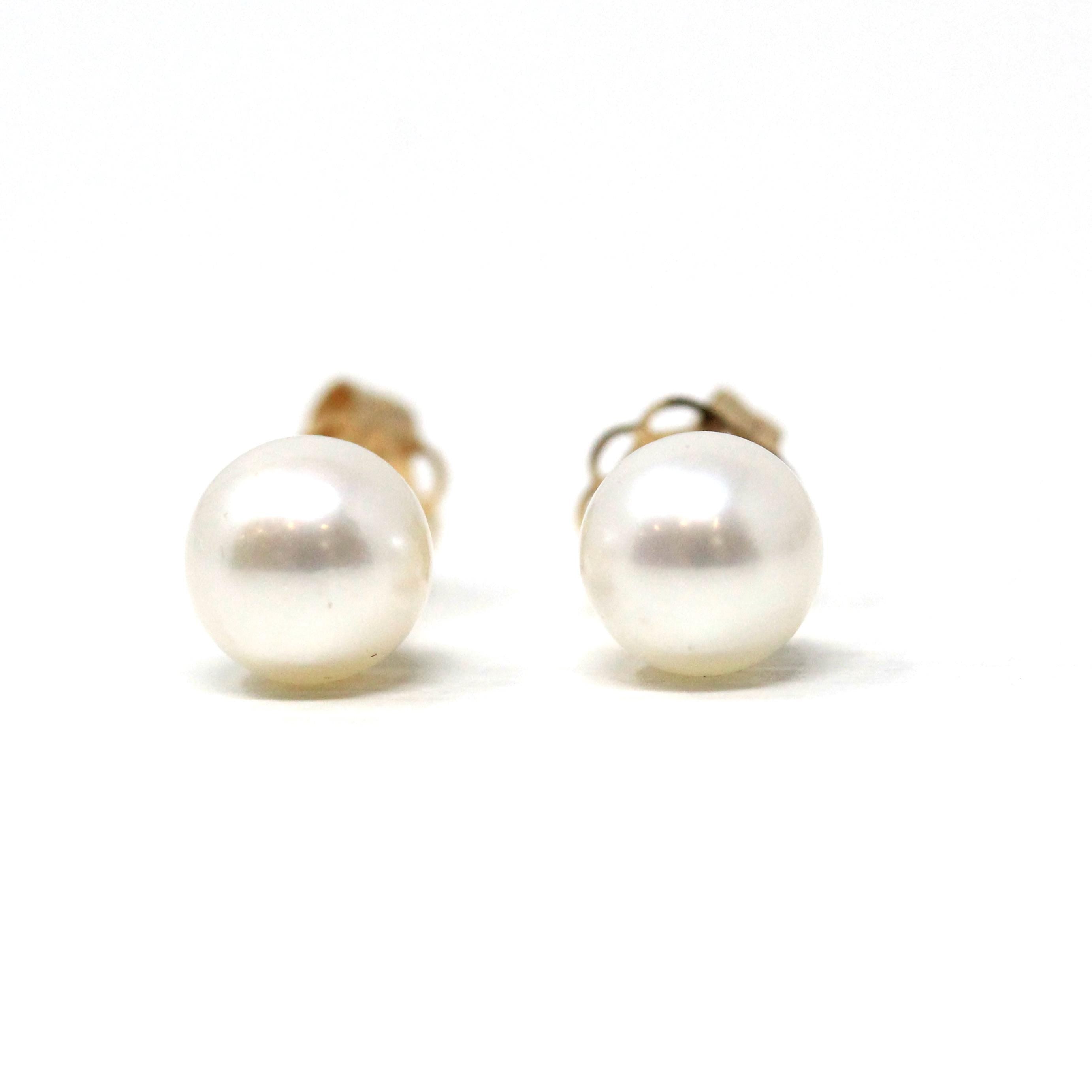 Cultured Pearl Earrings - Modern 14k Yellow Gold Organic Gems Pierced Push Backs Studs - Estate Circa 2000's June Birthstone Fine Jewelry