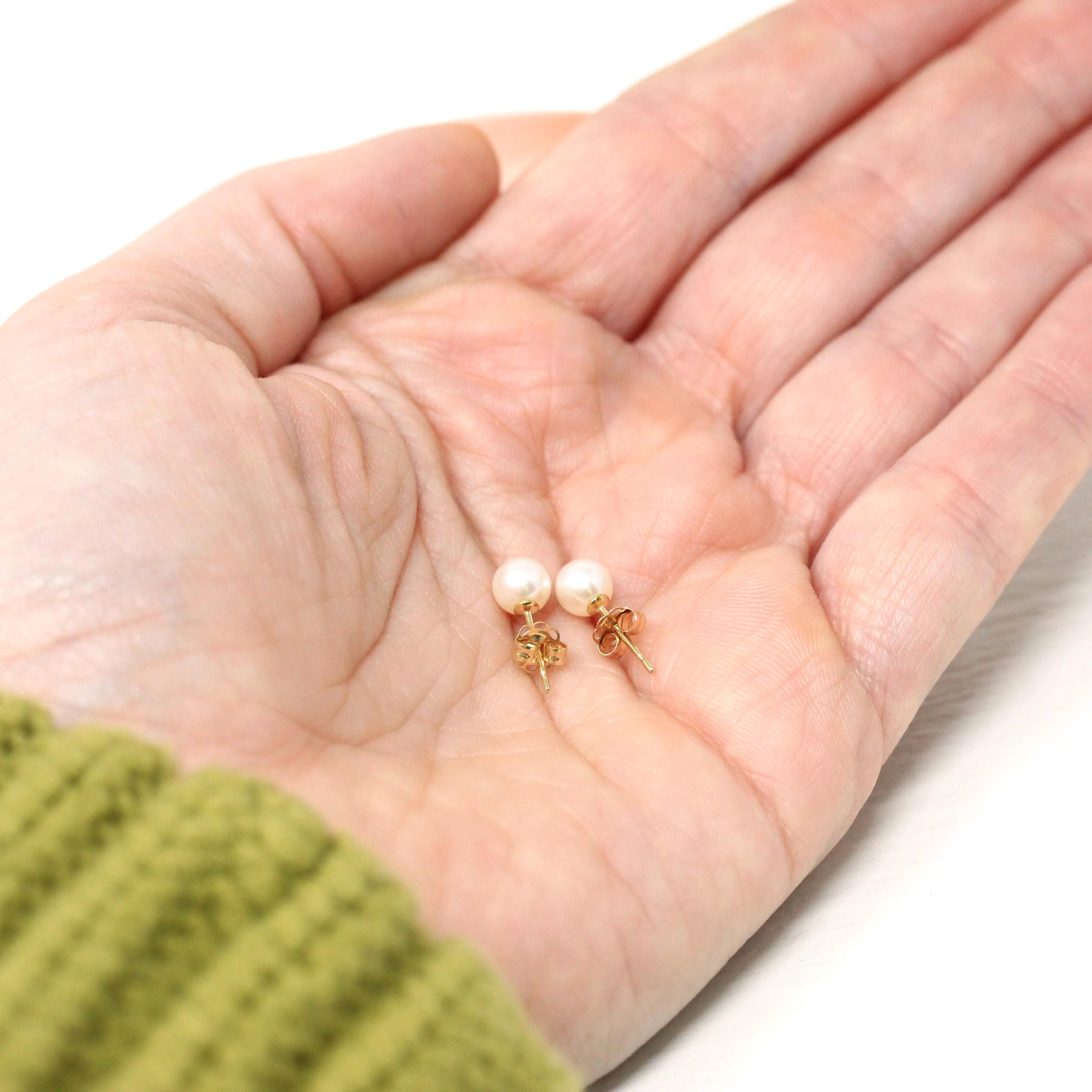 Cultured Pearl Earrings - Modern 14k Yellow Gold Organic Gems Pierced Push Backs Studs - Estate Circa 2000's June Birthstone Fine Jewelry