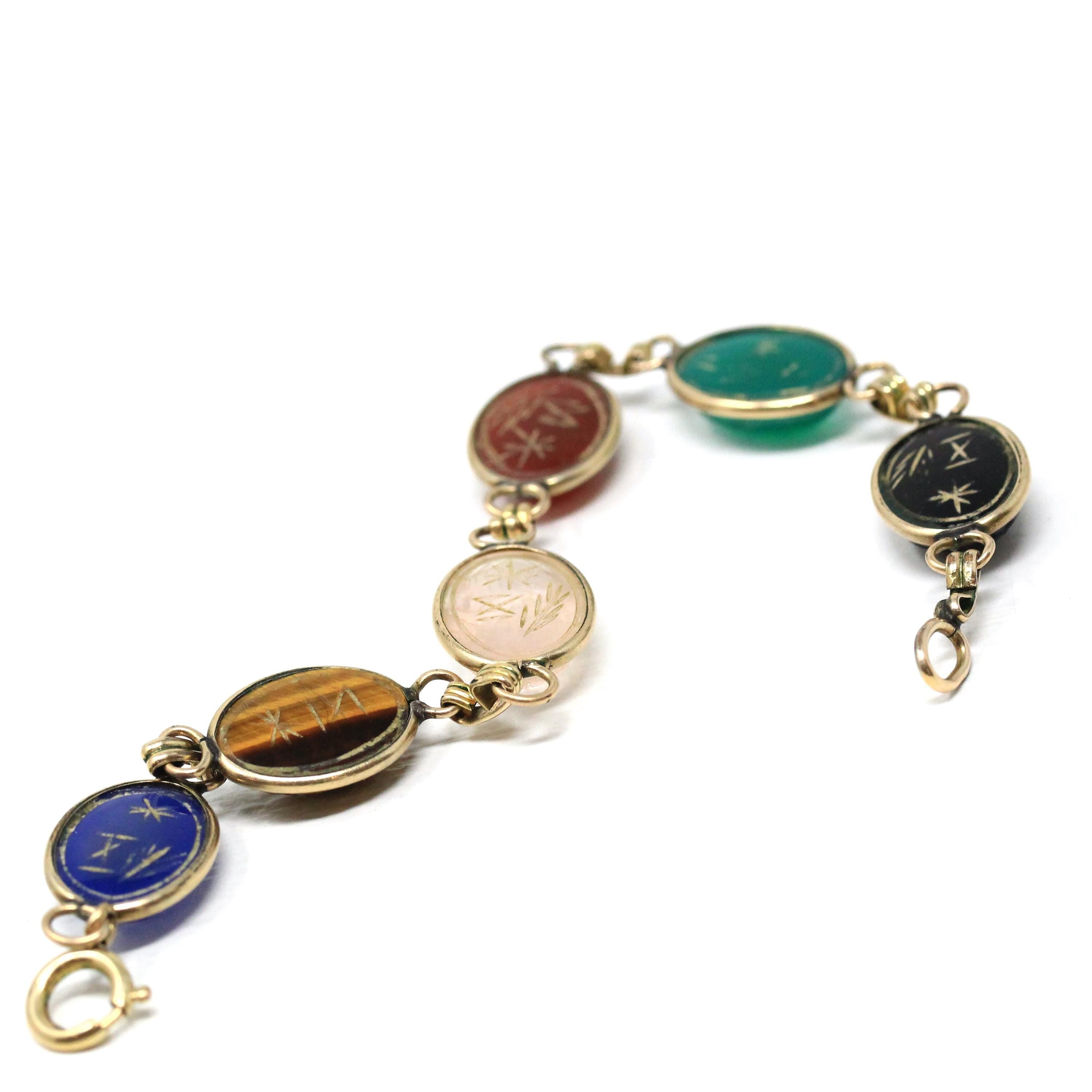 Vintage Scarab Bracelet - Retro Gold Filled Carved Natural Gemstones - Circa 1960s Era Egyptian Revival 7 3/4 Inches Panel Linked Jewelry