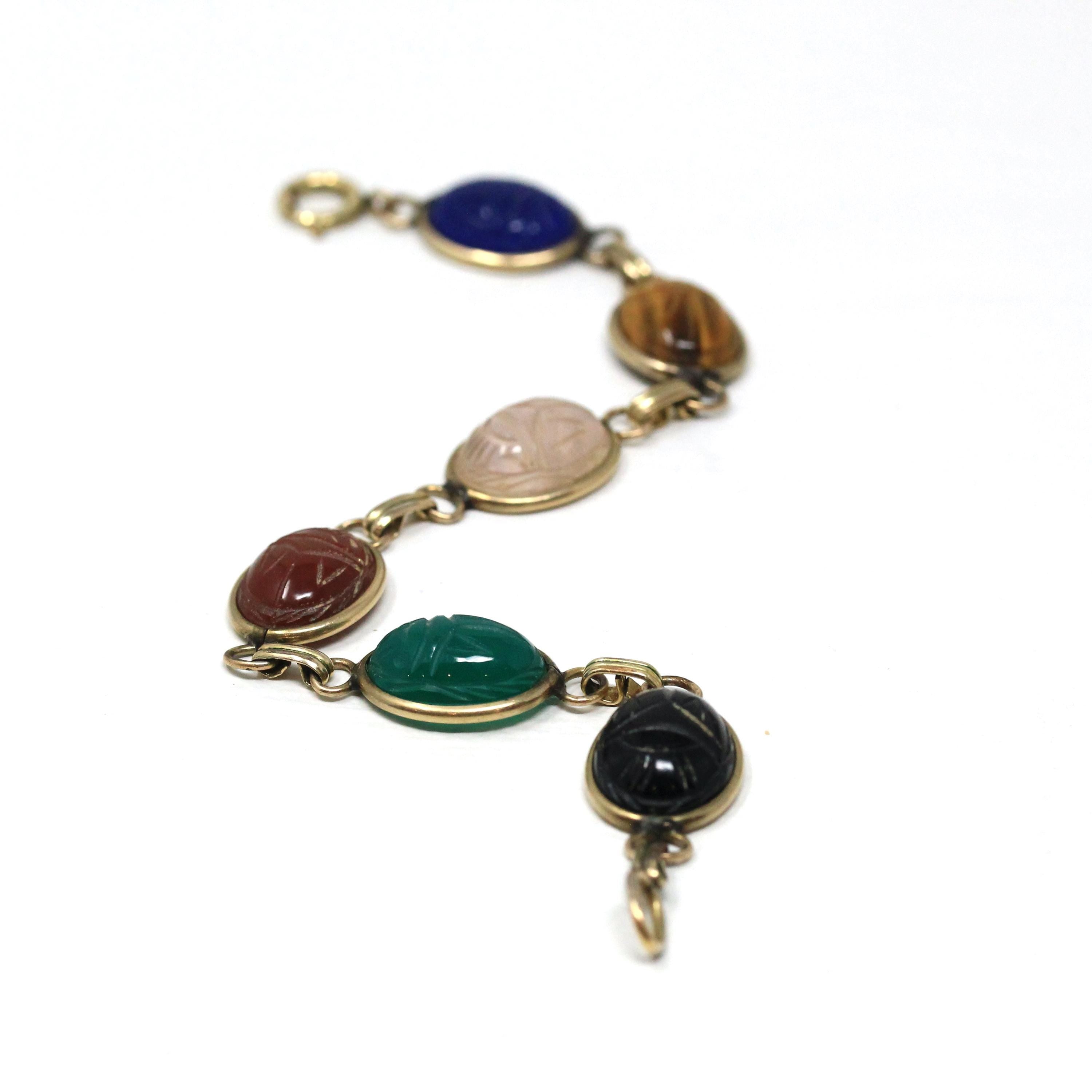 Vintage Scarab Bracelet - Retro Gold Filled Carved Natural Gemstones - Circa 1960s Era Egyptian Revival 7 3/4 Inches Panel Linked Jewelry