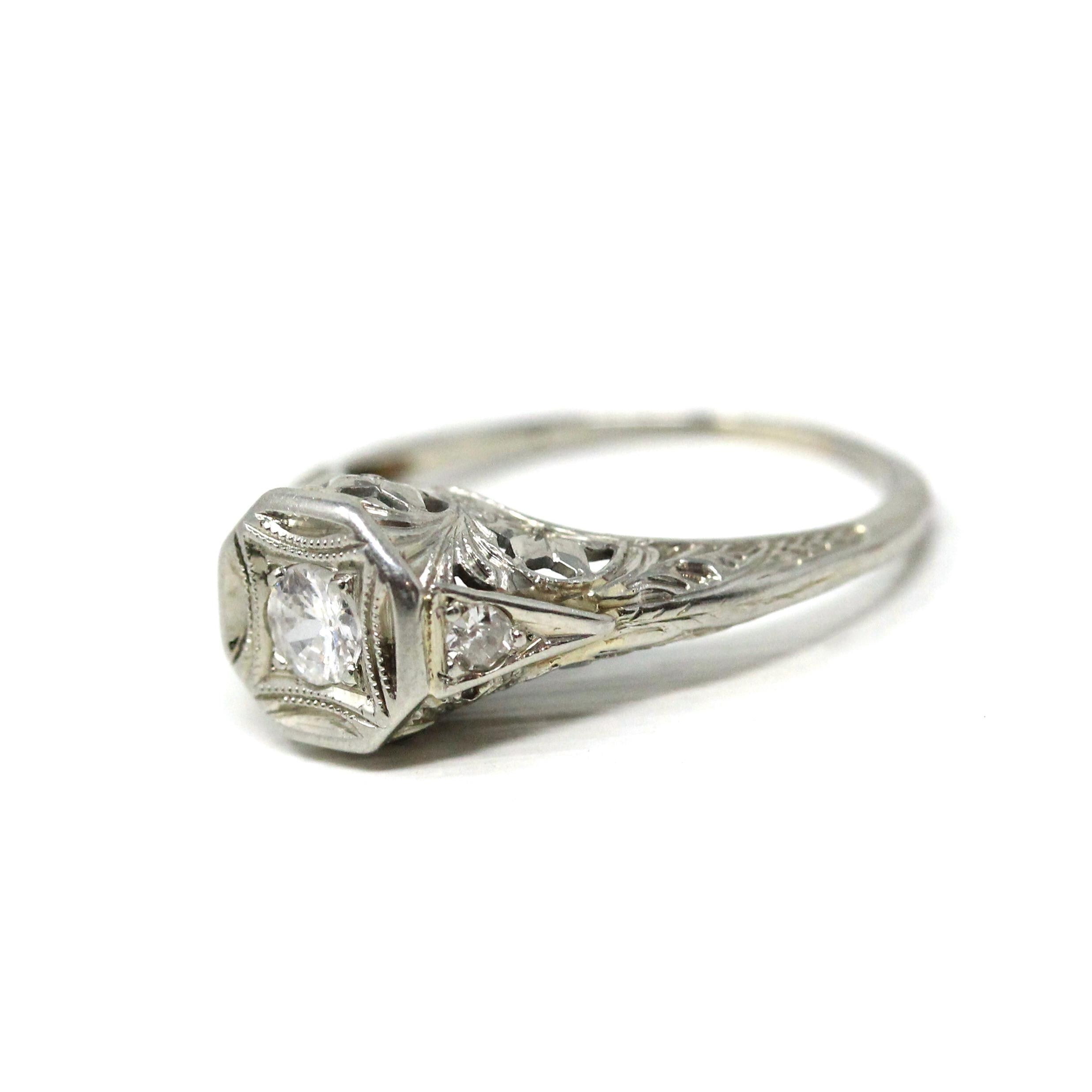 Art Deco Diamond Ring - Vintage 14k White Gold .35 CTW Natural Gemstones - Circa 1930s Era Size 6 Engagement Floral Filigree Fine Jewelry