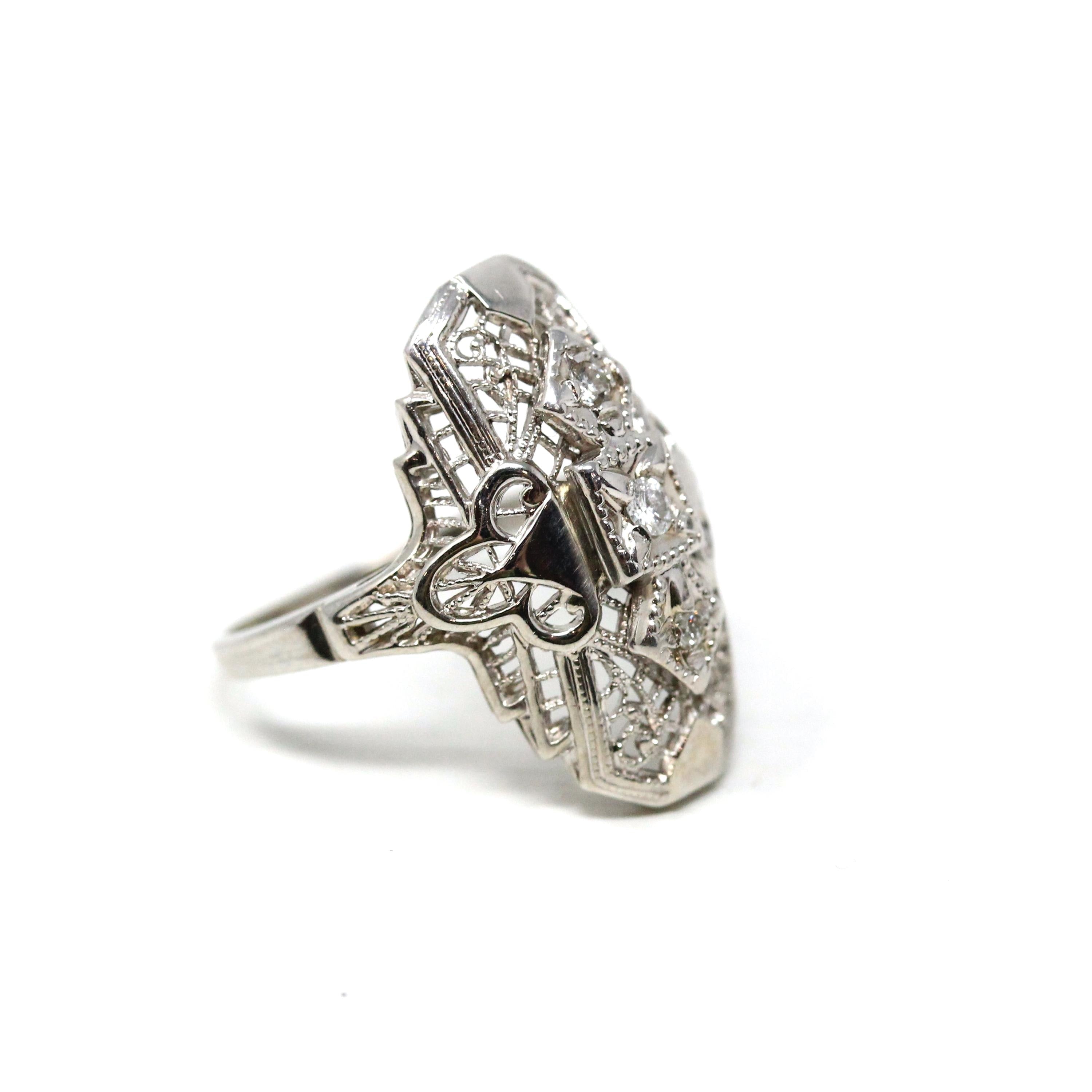 Vintage Shield Ring - Modern Estate 10k White Gold Natural .10 CTW Diamonds - Circa 1950s Era Mid Century Size 6 1/2 Fine Filigree Jewelry