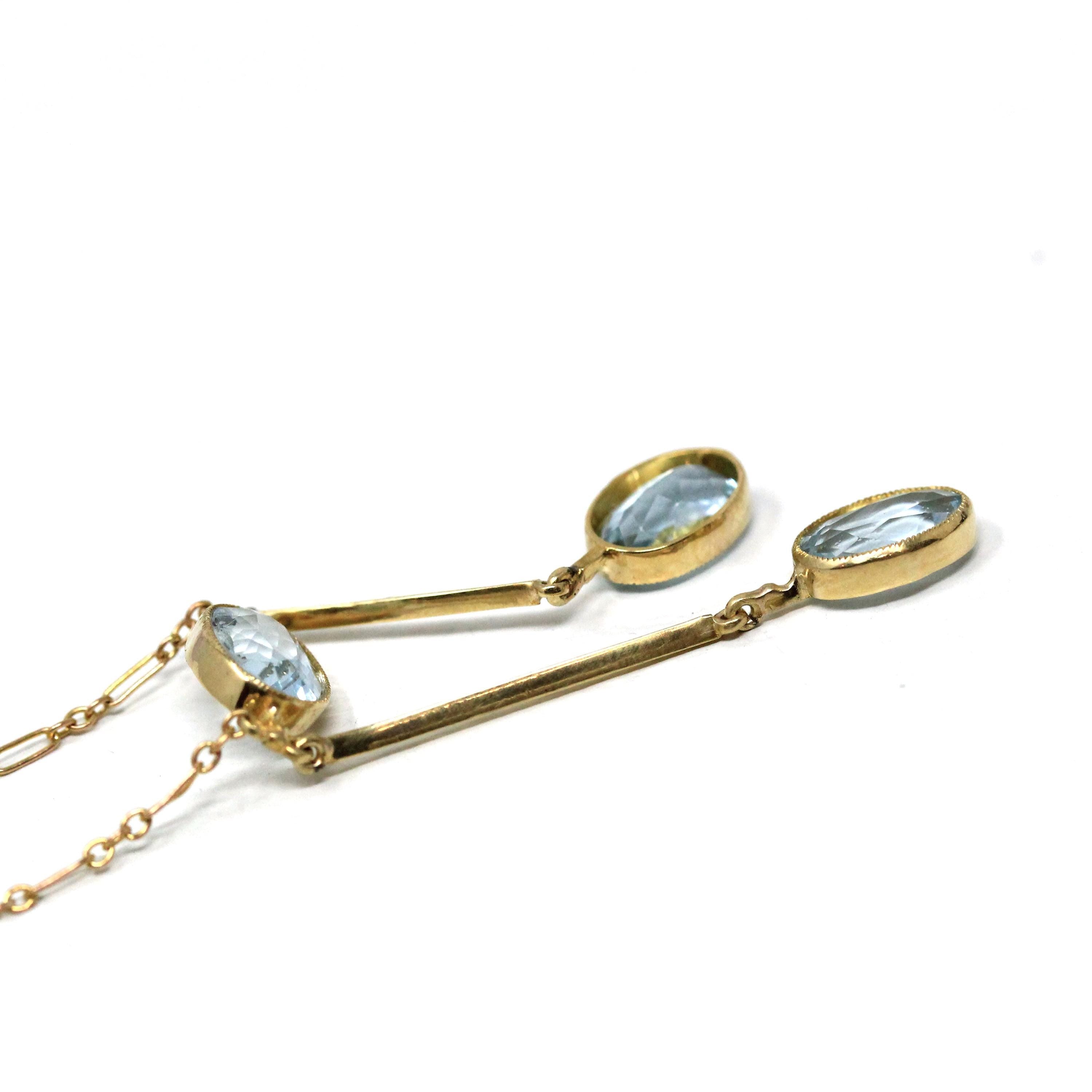 Aquamarine Lavalier Necklace - Edwardian 15k 10k Yellow Gold Oval Natural Blue Gemstones Pendant - Antique Circa 1910s Fine March Jewelry