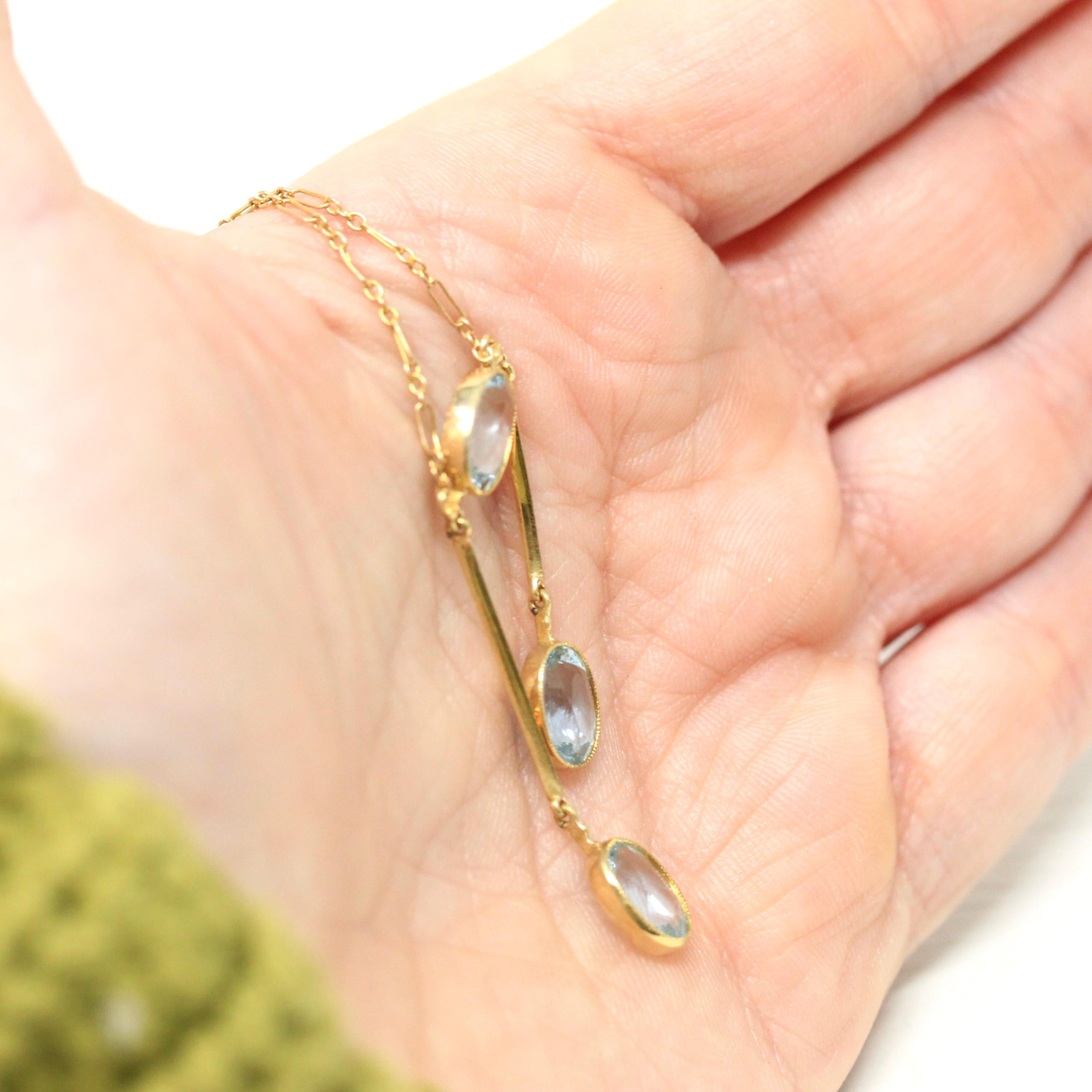 Aquamarine Lavalier Necklace - Edwardian 15k 10k Yellow Gold Oval Natural Blue Gemstones Pendant - Antique Circa 1910s Fine March Jewelry