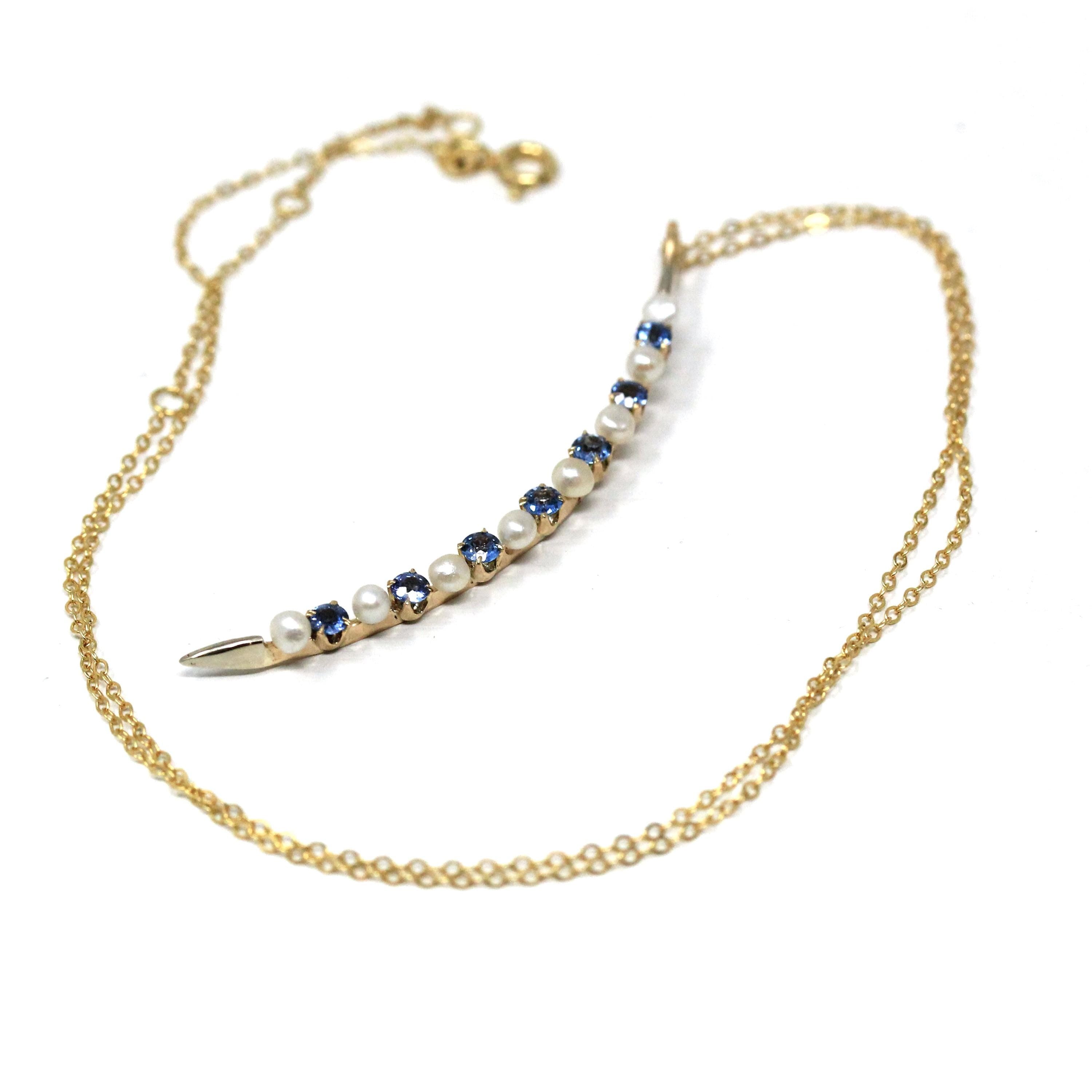 Crescent Moon Necklace - Edwardian 10k Yellow Gold Natural Sapphires Seed Pearls Pendant - Antique Circa 1910s Era Fine Celestial Jewelry
