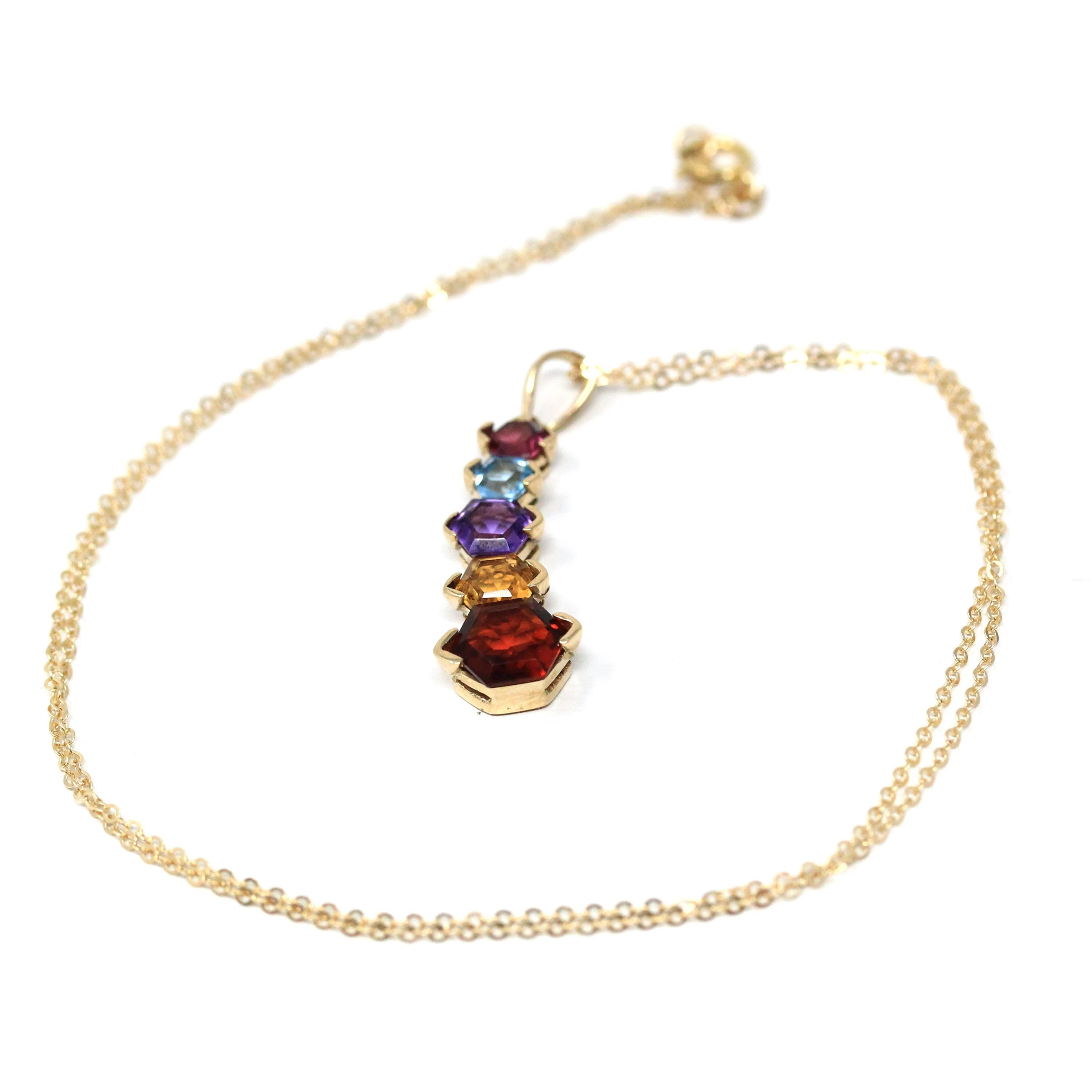 Modern Gemstone Necklace - Estate 14k Yellow Gold Natural Garnet Blue Topaz Amethyst Citrine Gems - Estate Circa 2000's Era Fine Y2K Jewelry