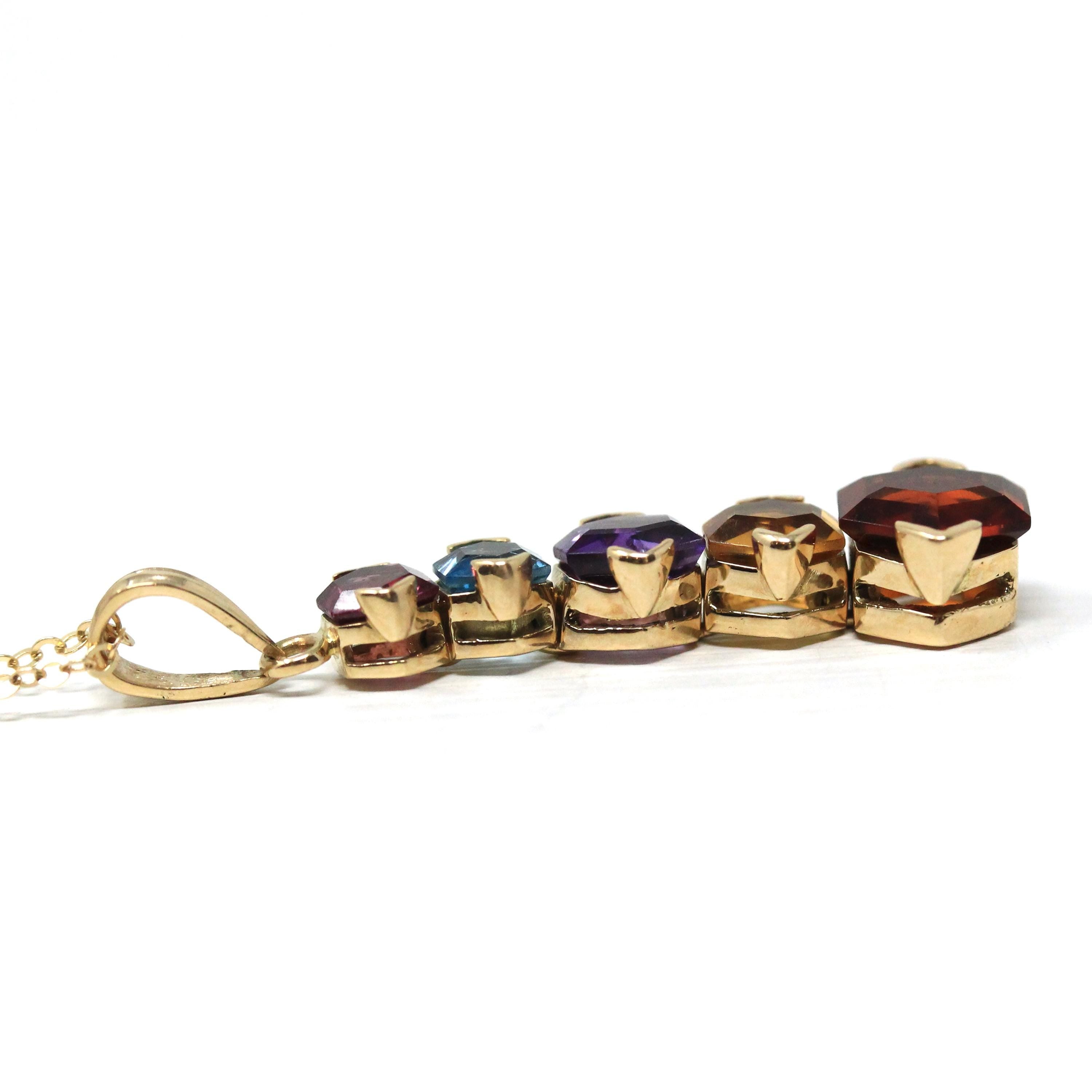 Modern Gemstone Necklace - Estate 14k Yellow Gold Natural Garnet Blue Topaz Amethyst Citrine Gems - Estate Circa 2000's Era Fine Y2K Jewelry