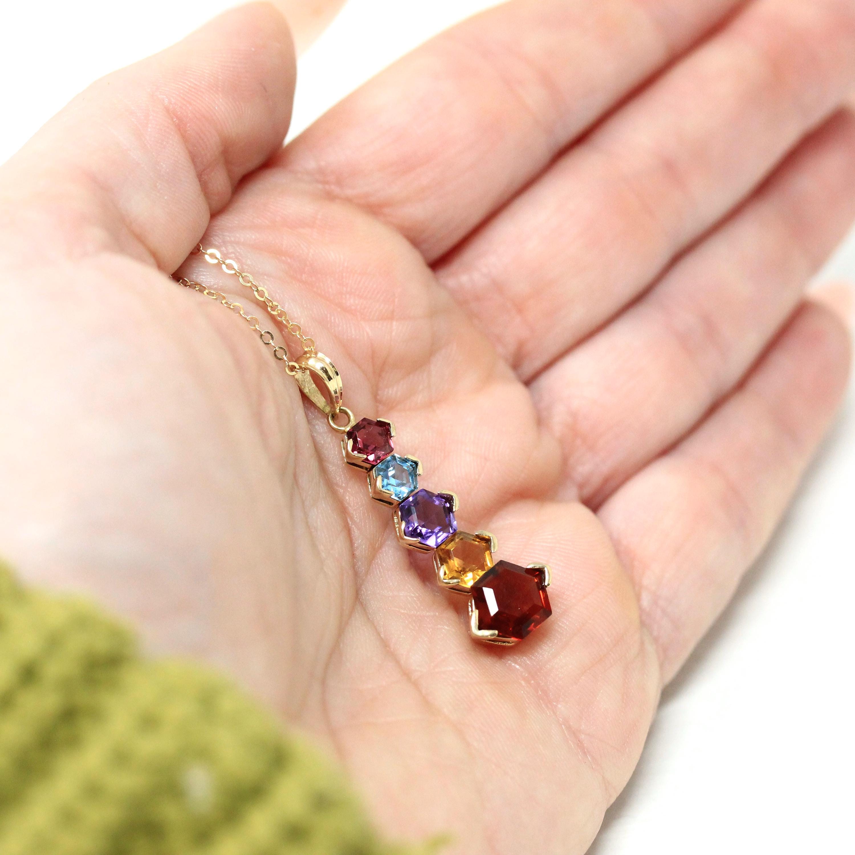 Modern Gemstone Necklace - Estate 14k Yellow Gold Natural Garnet Blue Topaz Amethyst Citrine Gems - Estate Circa 2000's Era Fine Y2K Jewelry