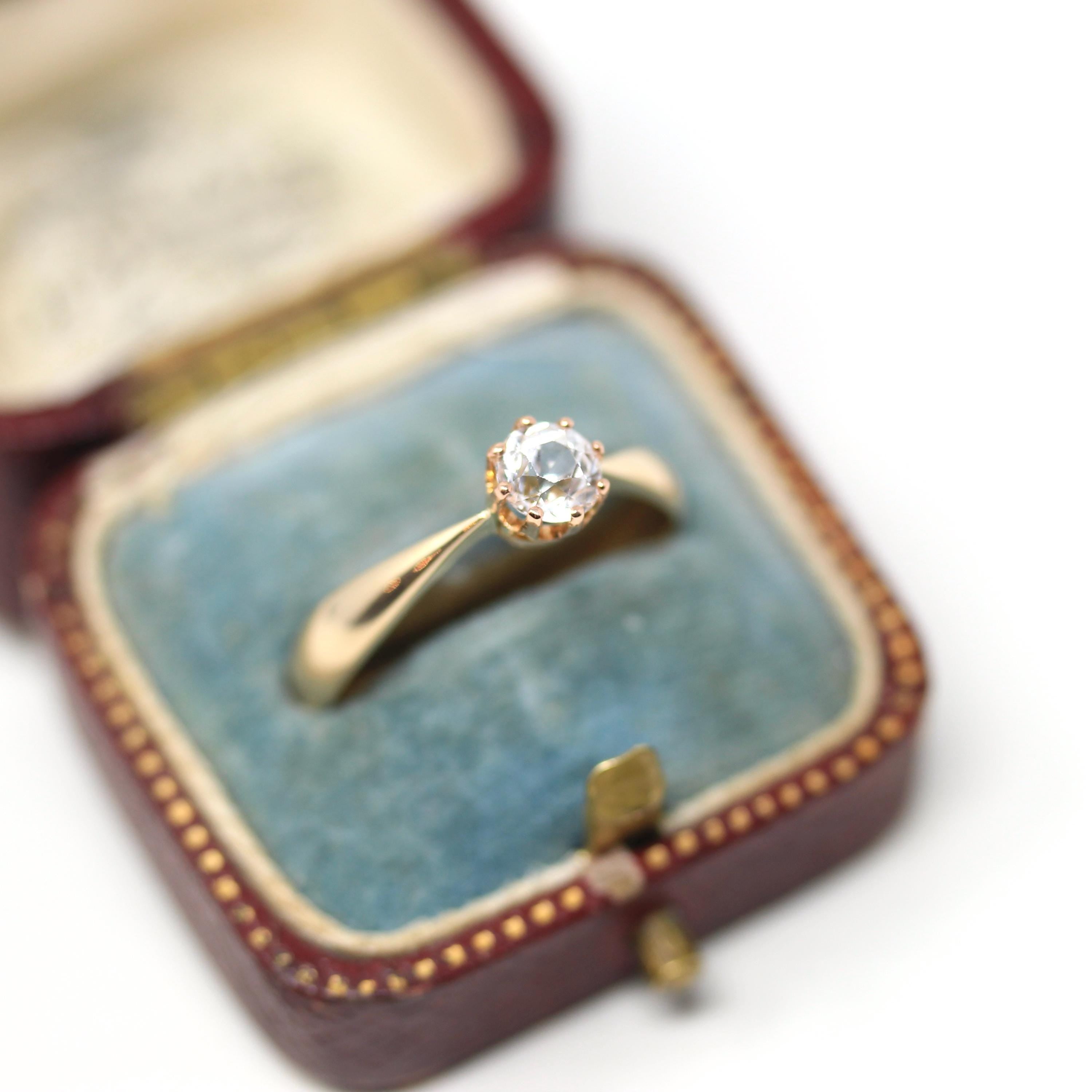 Antique Engagement Ring - Edwardian 10k Yellow Gold Created White Sapphire Solitaire - Vintage 1910s Era Size 8 Handmade Bridal Fine Jewelry