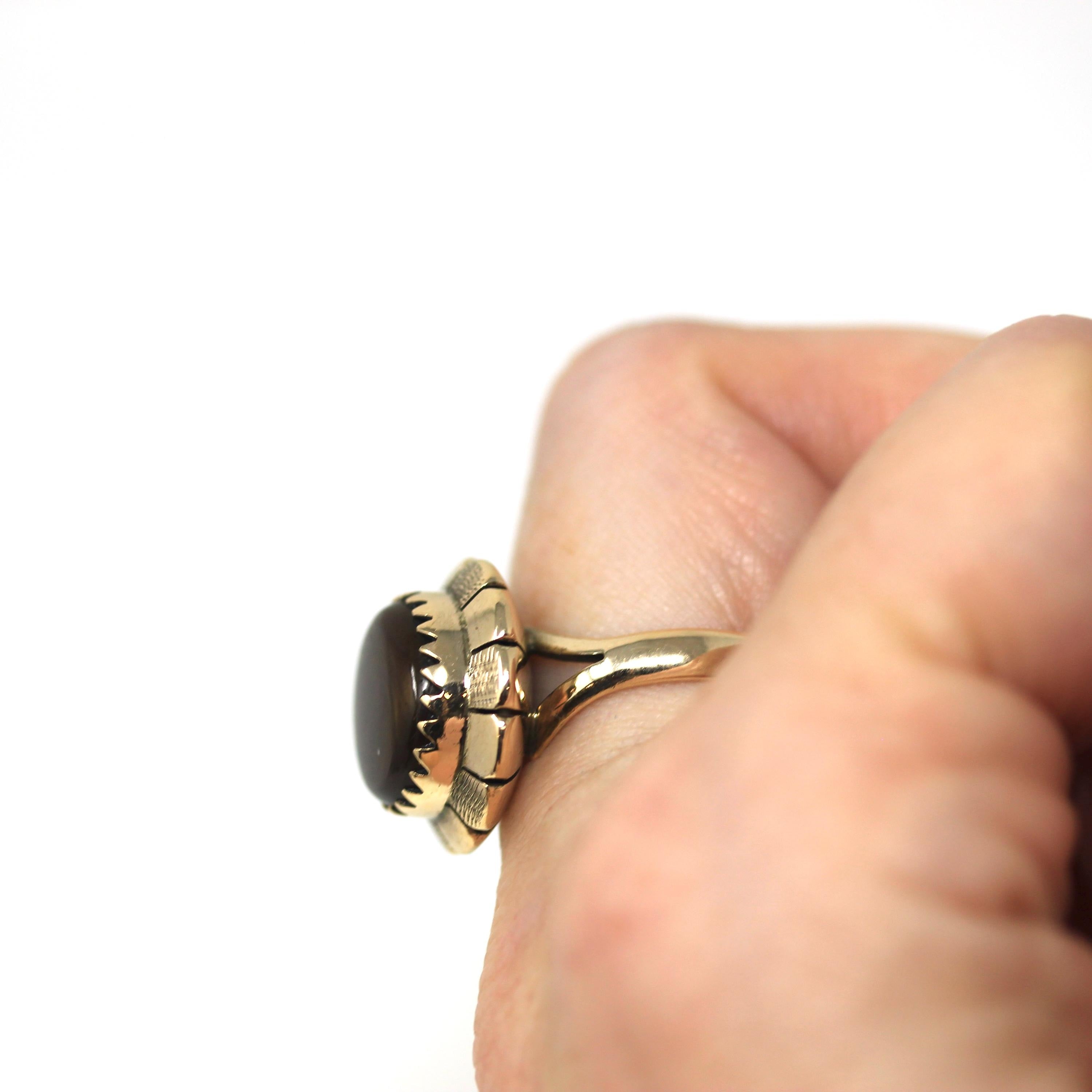 Vintage Fire Agate Ring - Retro 14k Yellow Gold Iridescent Brown Statement - Circa 1960s Size 6 1/4 Daisy Flower Solitaire 60s Fine Jewelry