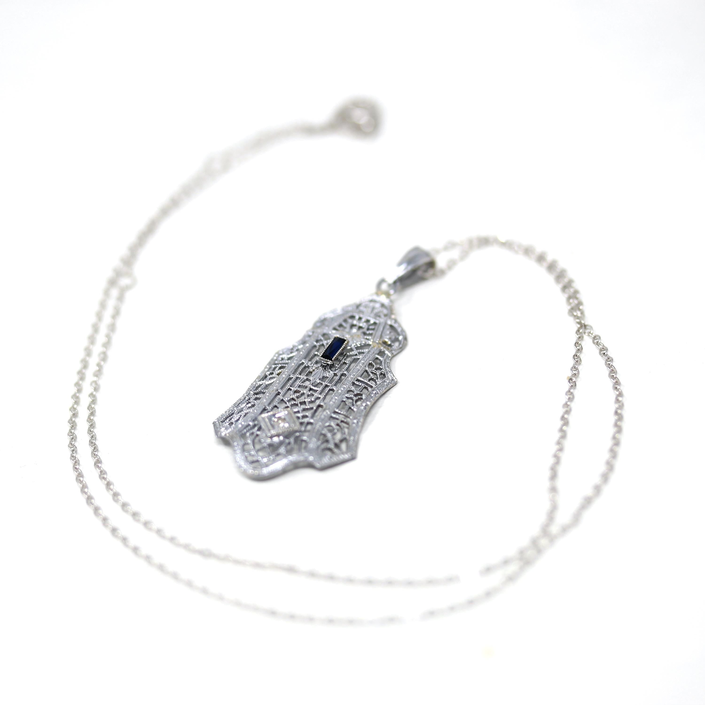 Art Deco Filigree Necklace - Vintage 10k White Gold Natural Diamond Blue Glass Pendant - Circa 1930s Statement Filigree Fine Fashion Jewelry